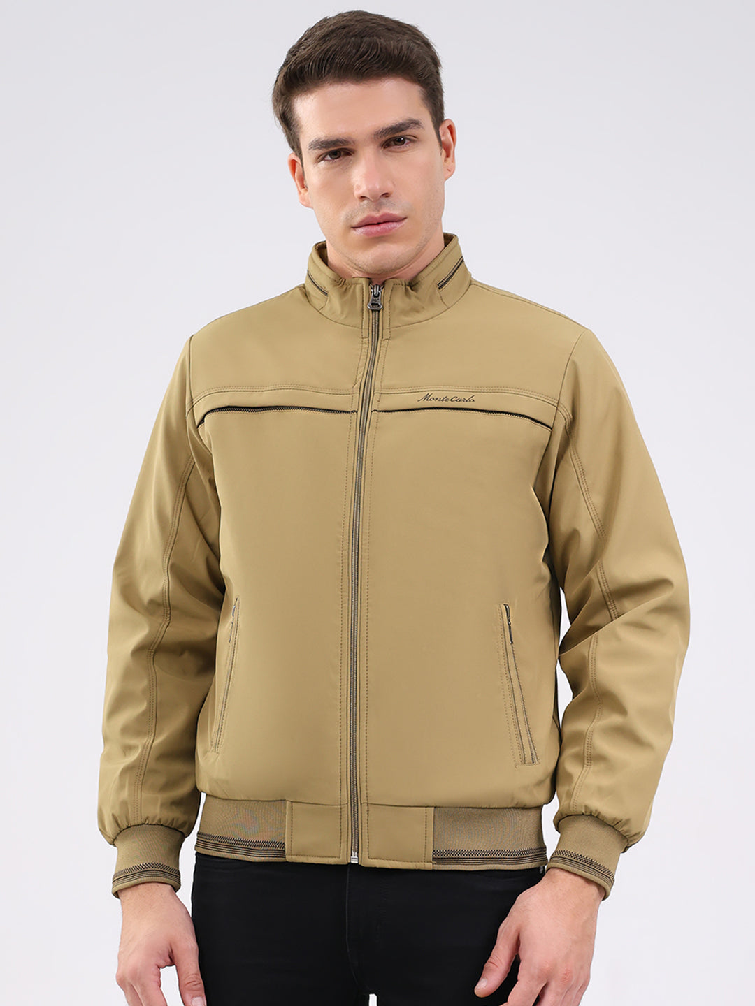 Men Beige Solid Mock Neck Full Sleeve Jacket