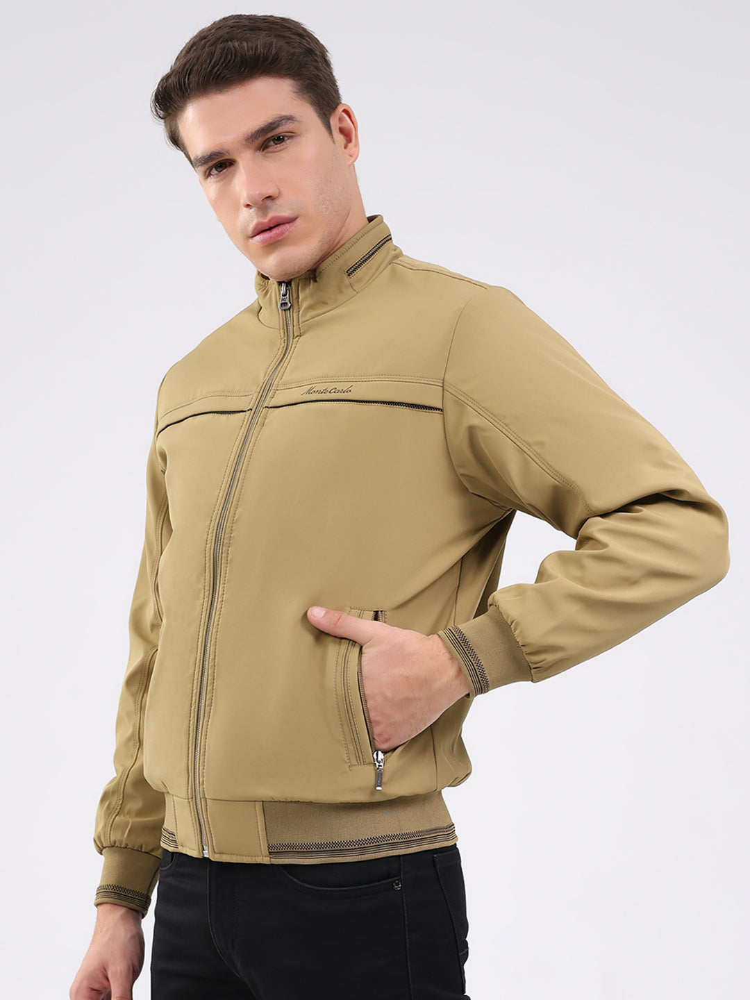 Men Beige Solid Mock Neck Full Sleeve Jacket