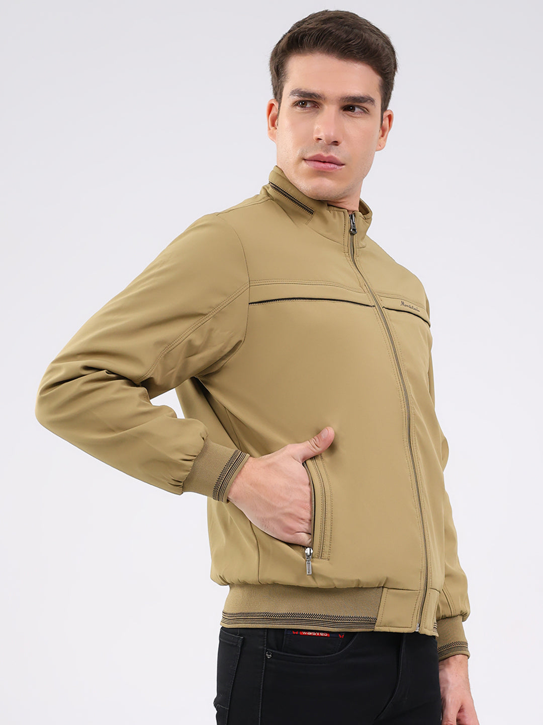 Men Beige Solid Mock Neck Full Sleeve Jacket