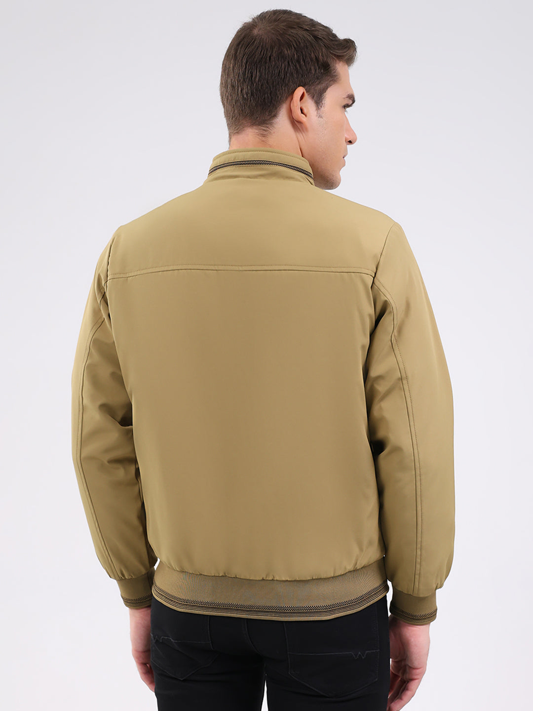 Men Beige Solid Mock Neck Full Sleeve Jacket