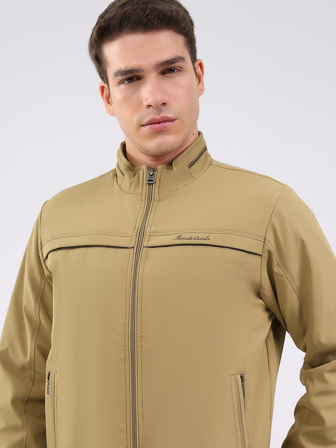 Men Beige Solid Mock Neck Full Sleeve Jacket