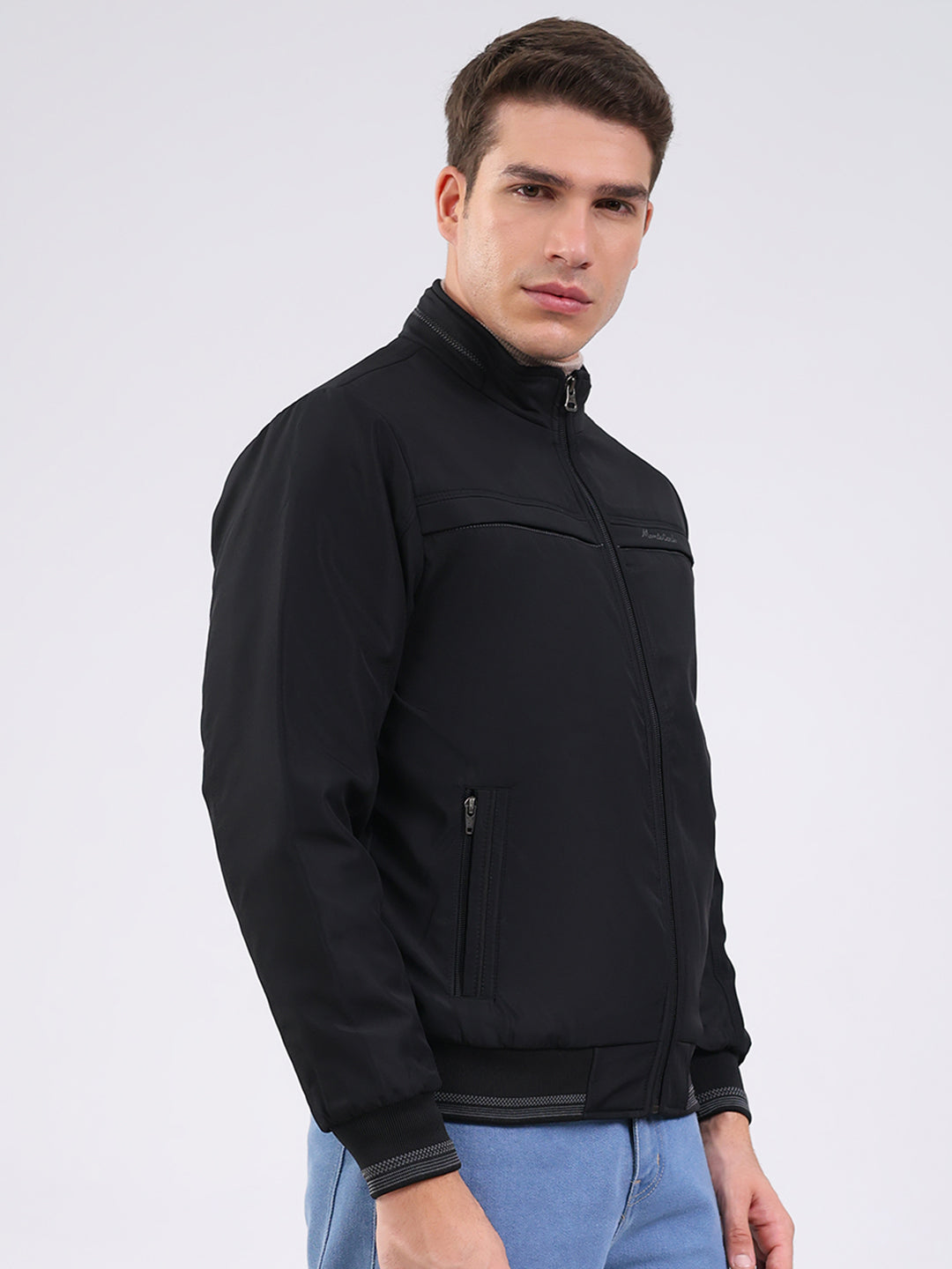 Men Black Solid Mock Neck Full Sleeve Jacket