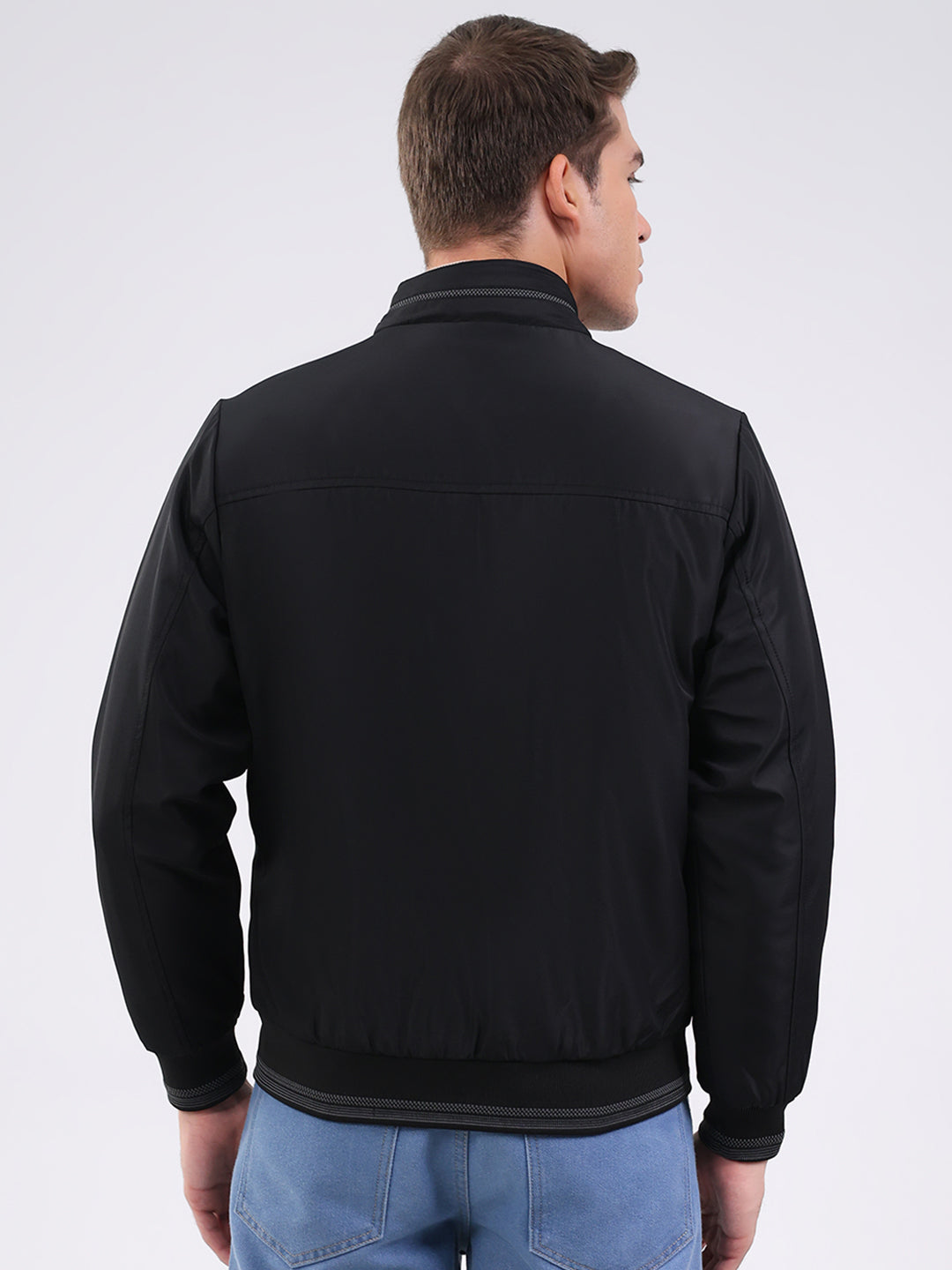 Men Black Solid Mock Neck Full Sleeve Jacket