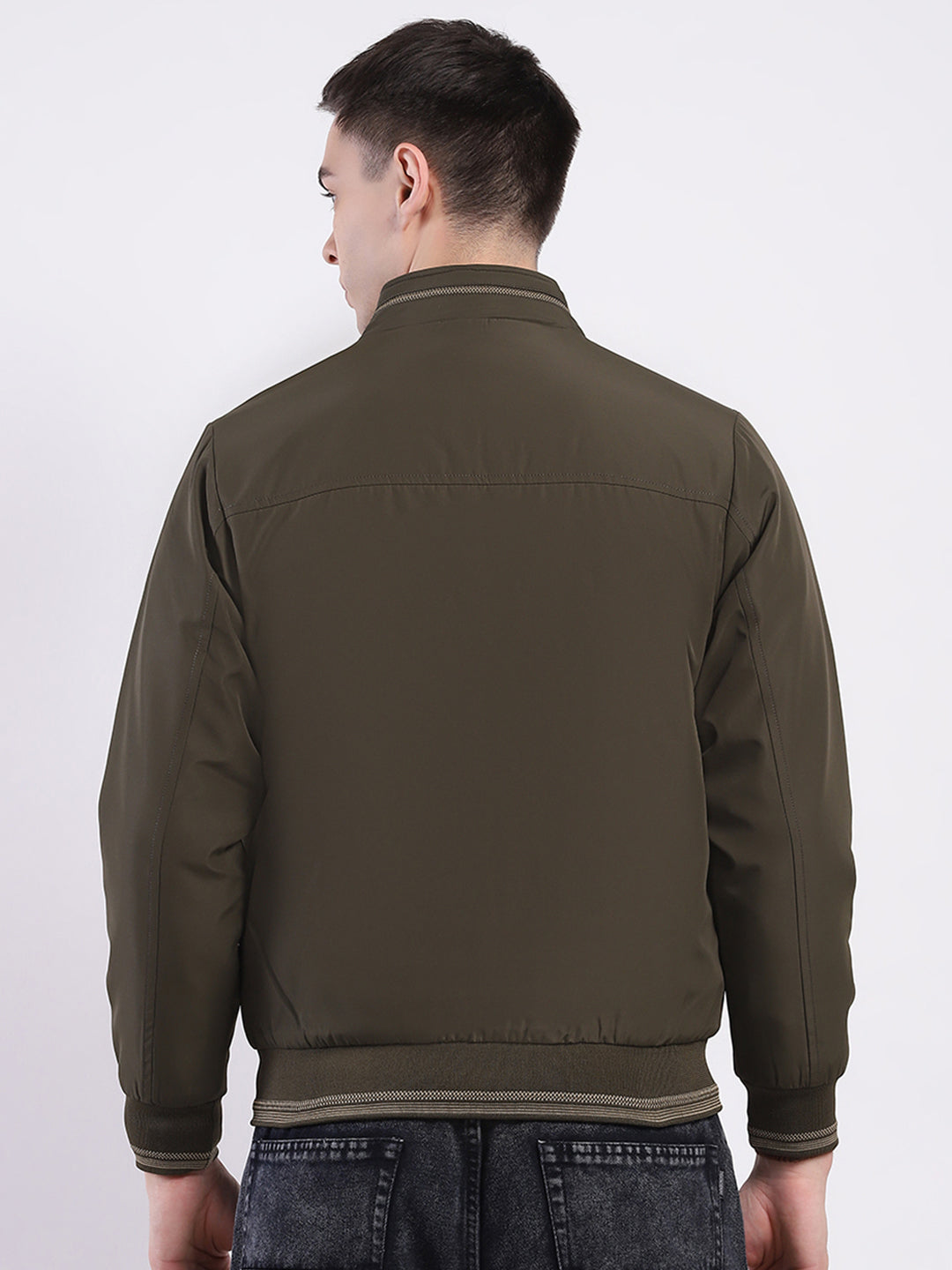 Men Olive Solid Mock Neck Full Sleeve Jacket