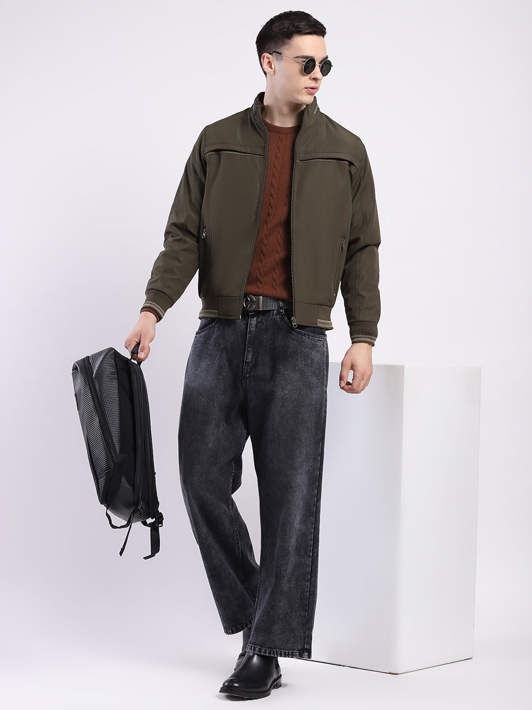 Men Olive Solid Mock Neck Full Sleeve Jacket