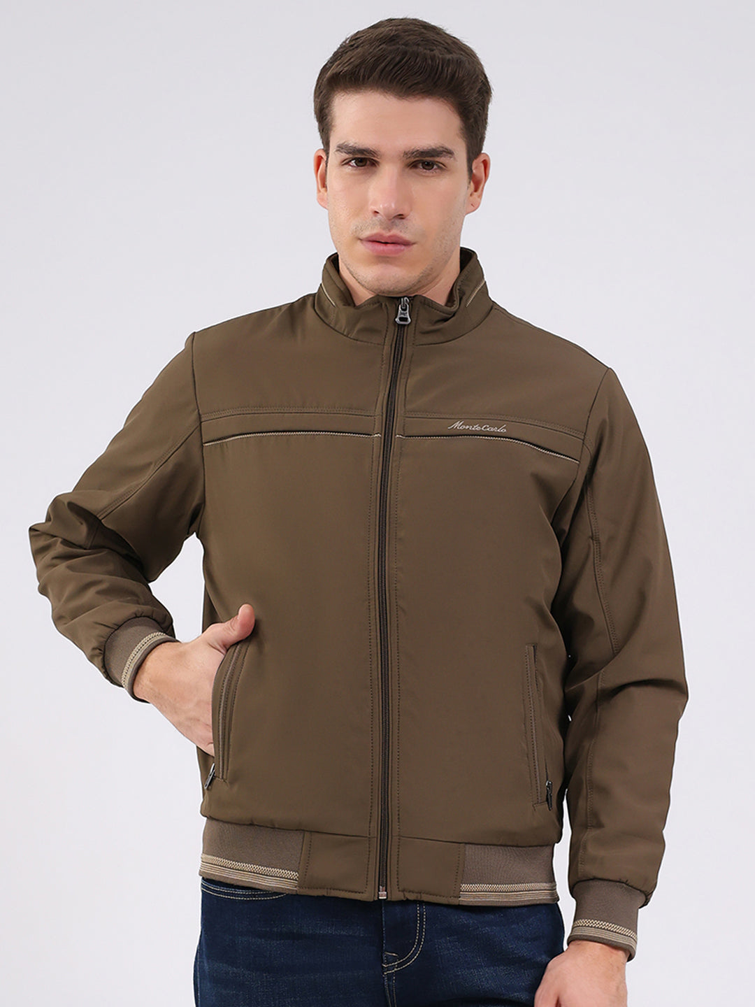 Men Brown Solid Mock Neck Full Sleeve Jacket