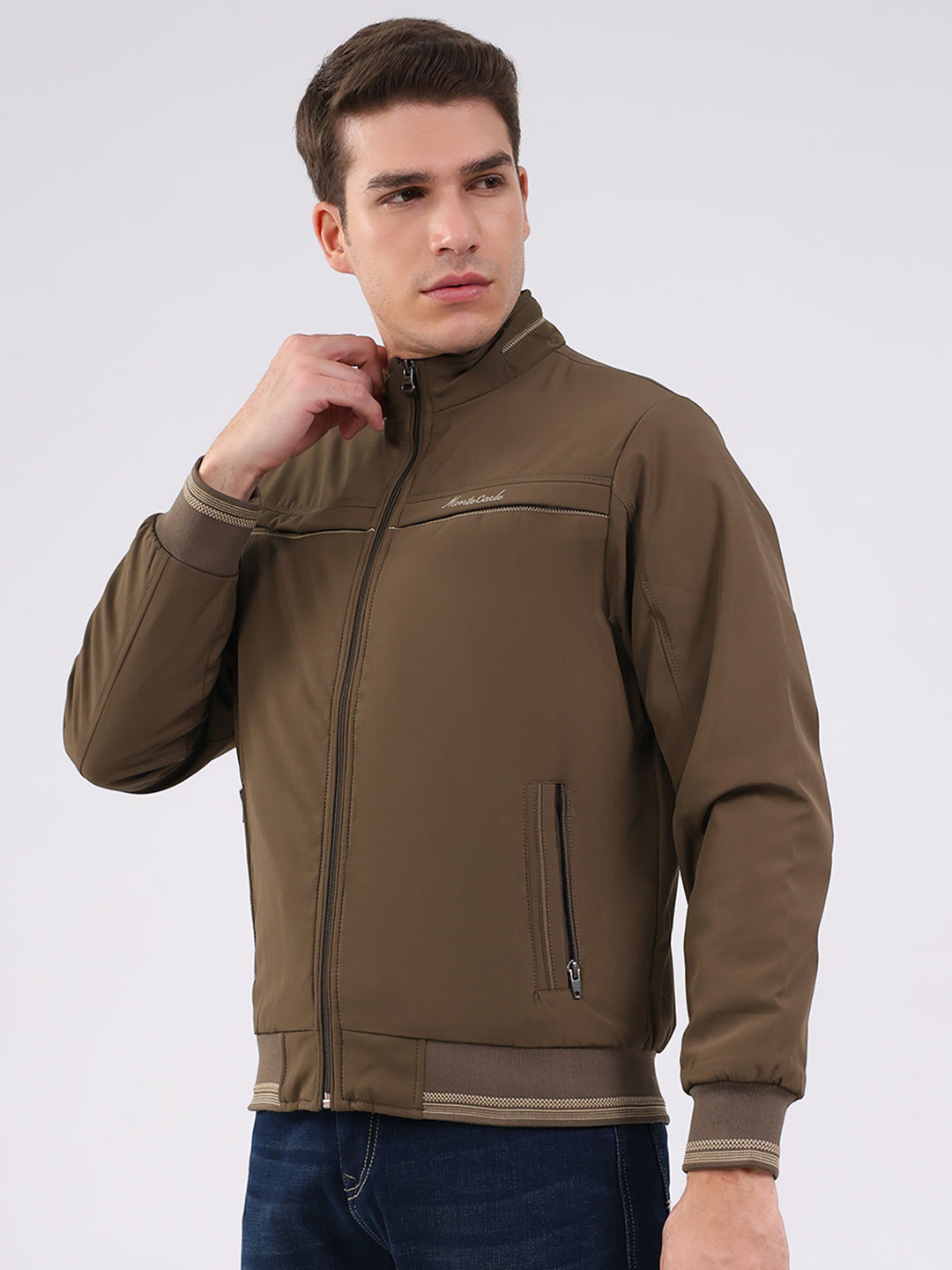 Men Brown Solid Mock Neck Full Sleeve Jacket