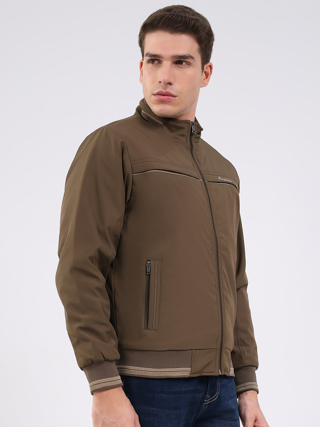 Men Brown Solid Mock Neck Full Sleeve Jacket