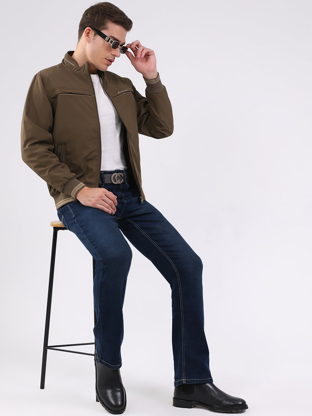 Men Brown Solid Mock Neck Full Sleeve Jacket