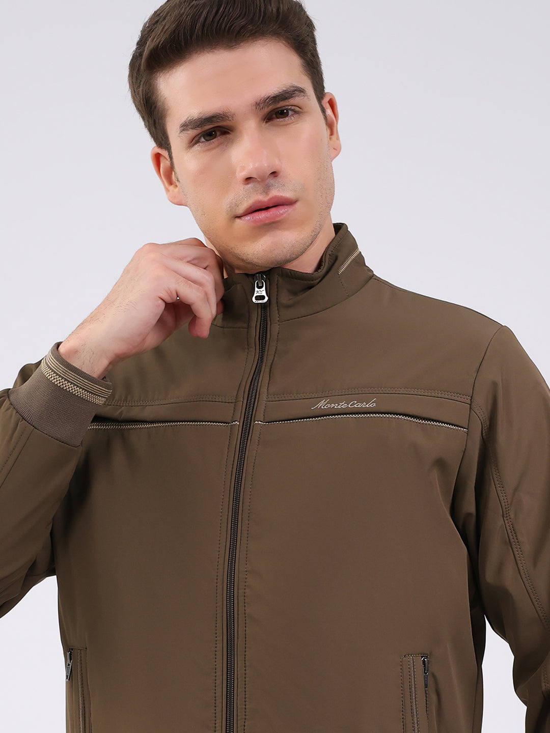 Men Brown Solid Mock Neck Full Sleeve Jacket