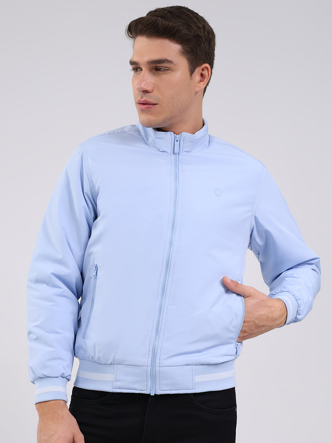 Men Sky Blue Solid Mock Neck Full Sleeve Jacket