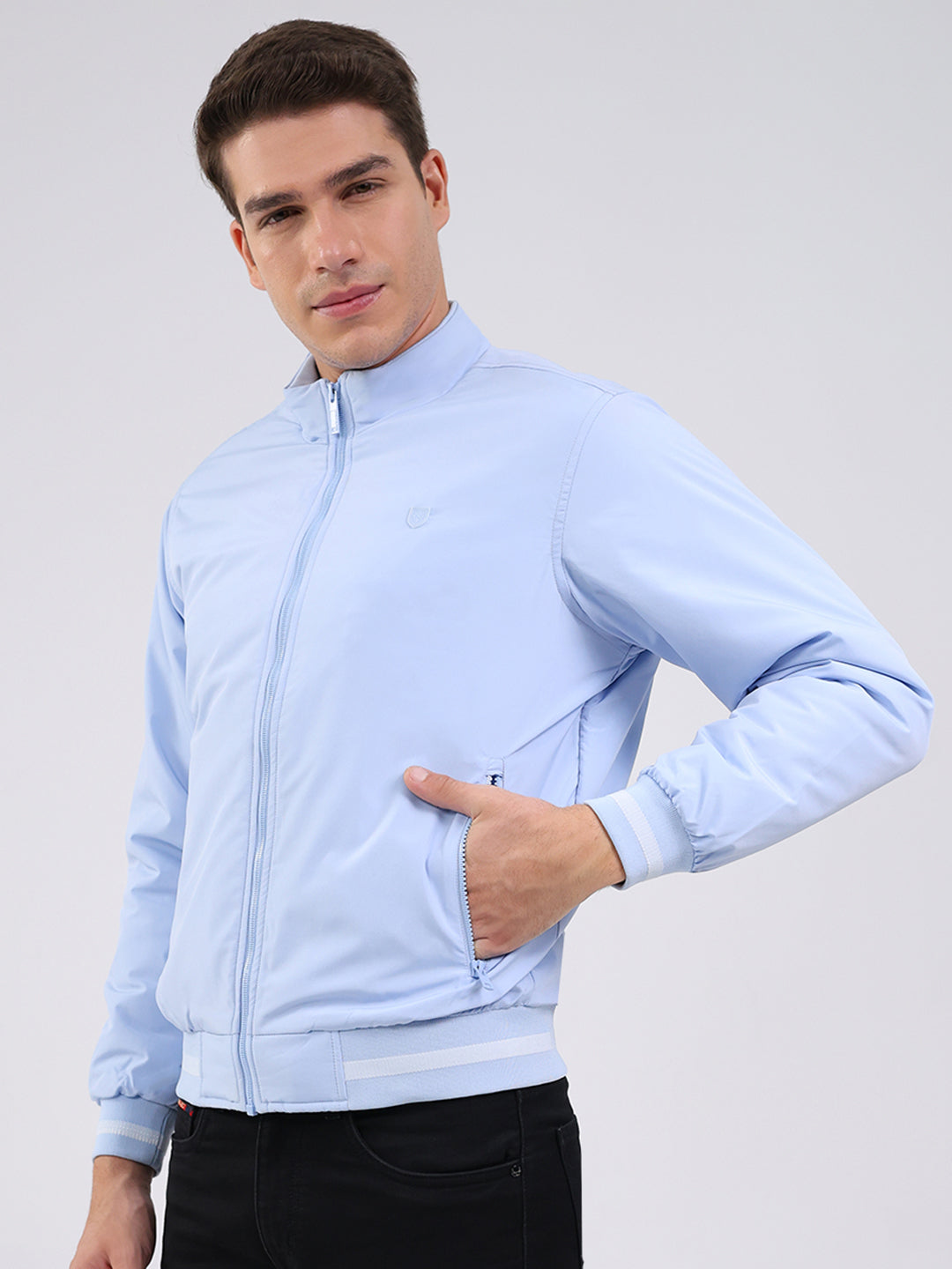 Men Sky Blue Solid Mock Neck Full Sleeve Jacket