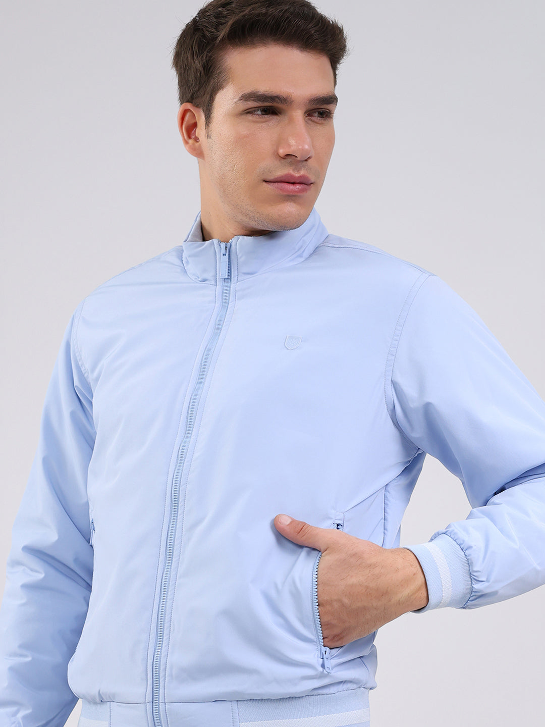 Men Sky Blue Solid Mock Neck Full Sleeve Jacket