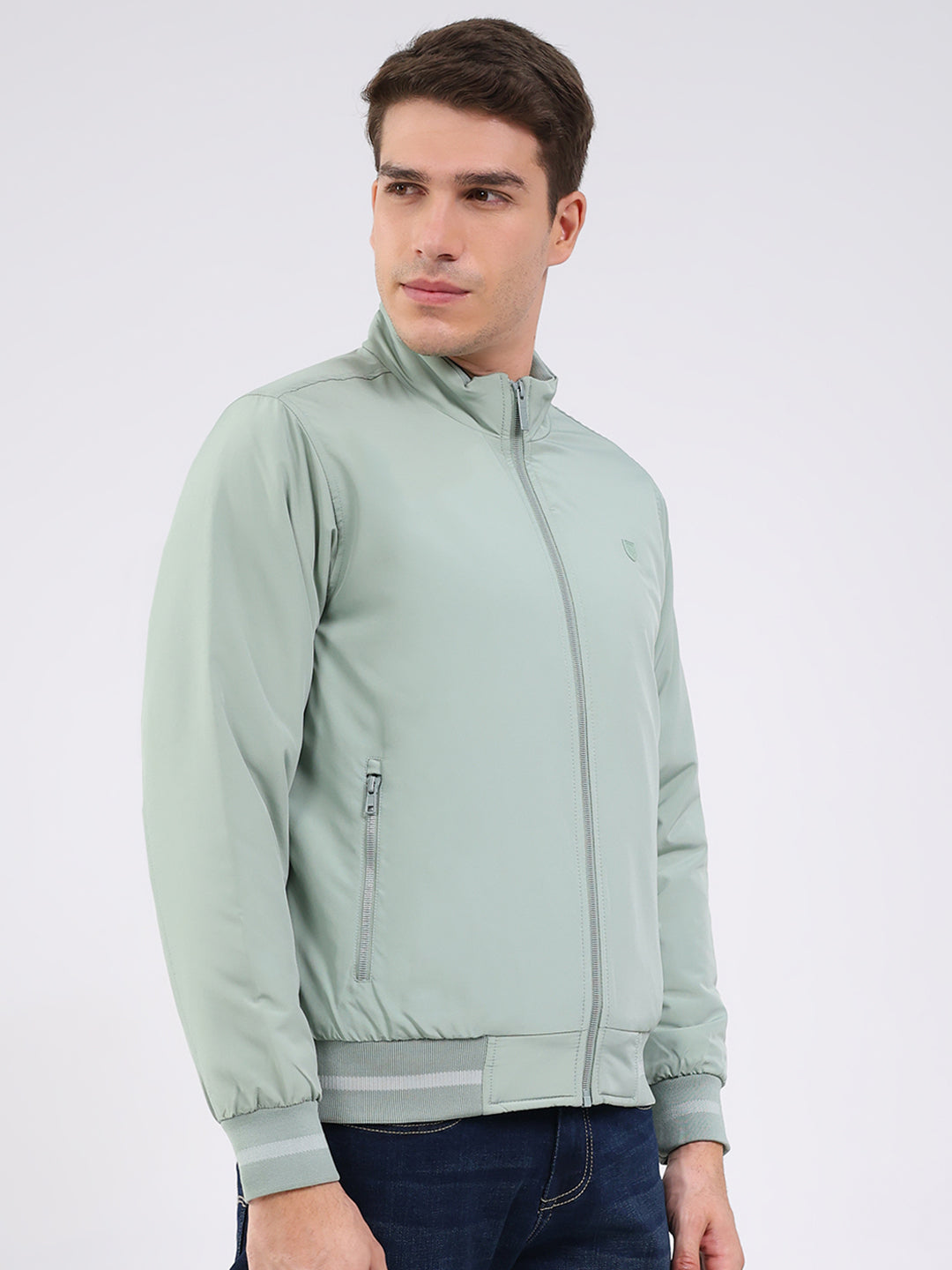 Men Mint Green Solid Mock Neck Full Sleeve Jacket