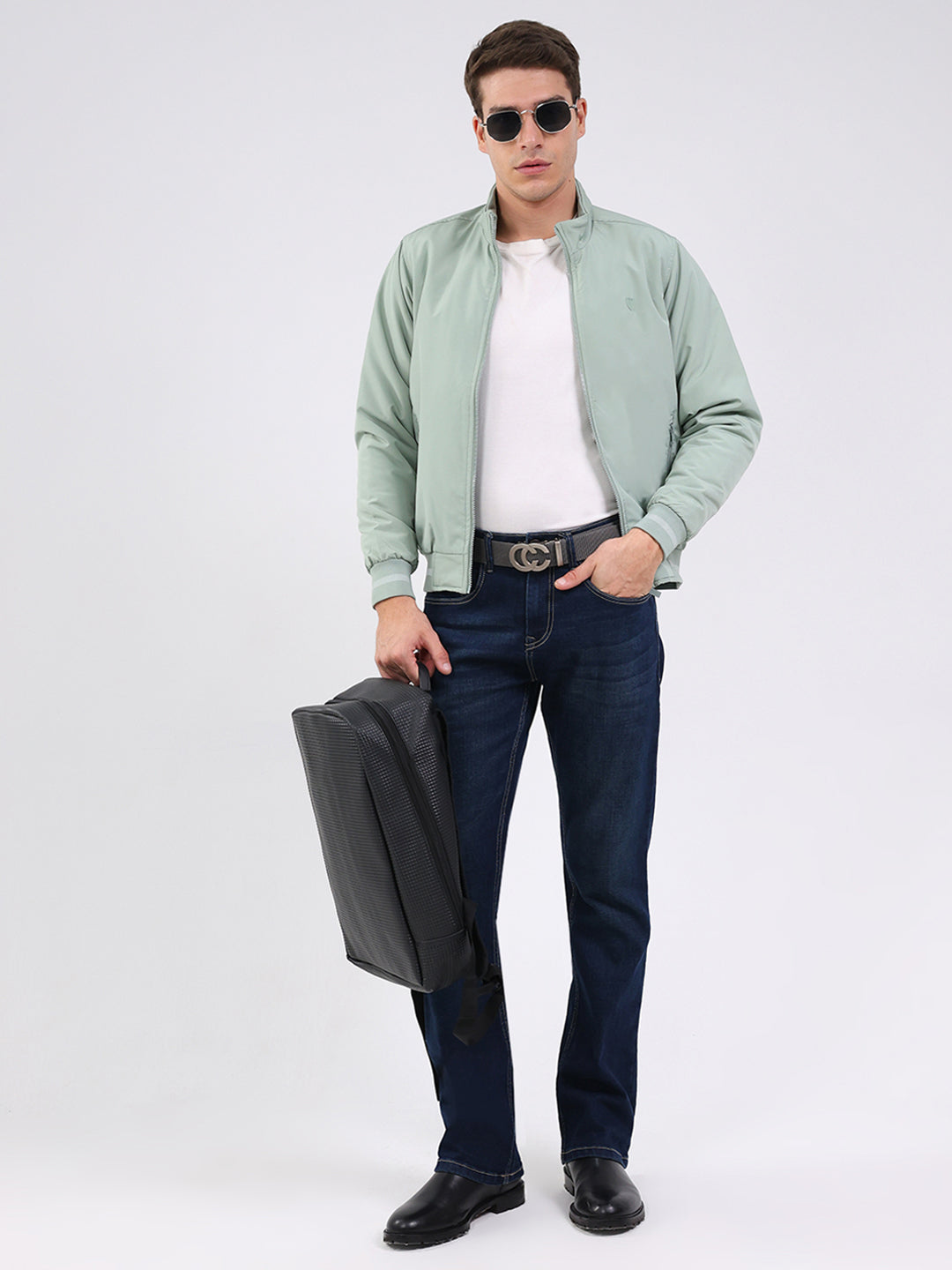 Men Mint Green Solid Mock Neck Full Sleeve Jacket