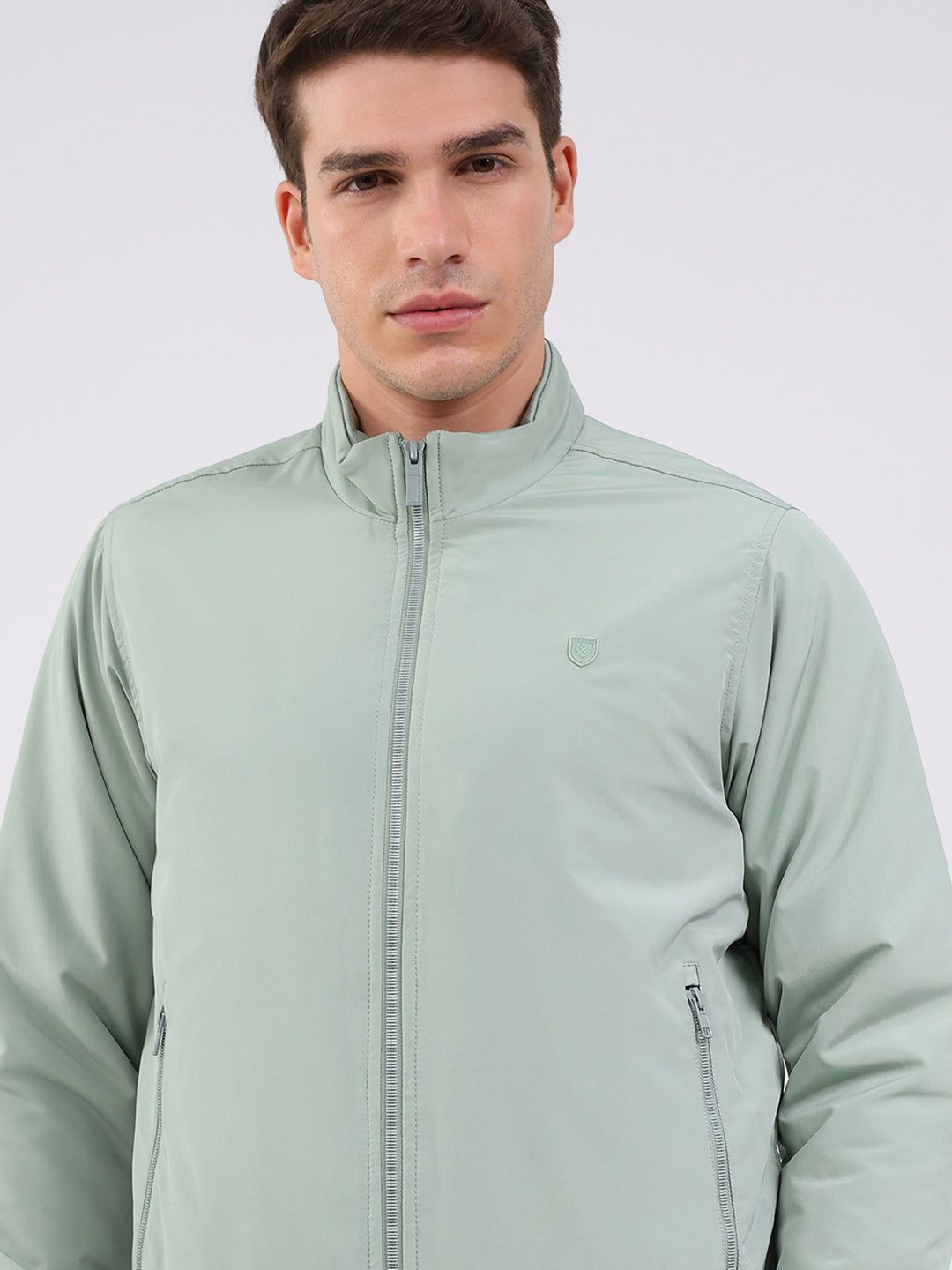 Men Mint Green Solid Mock Neck Full Sleeve Jacket