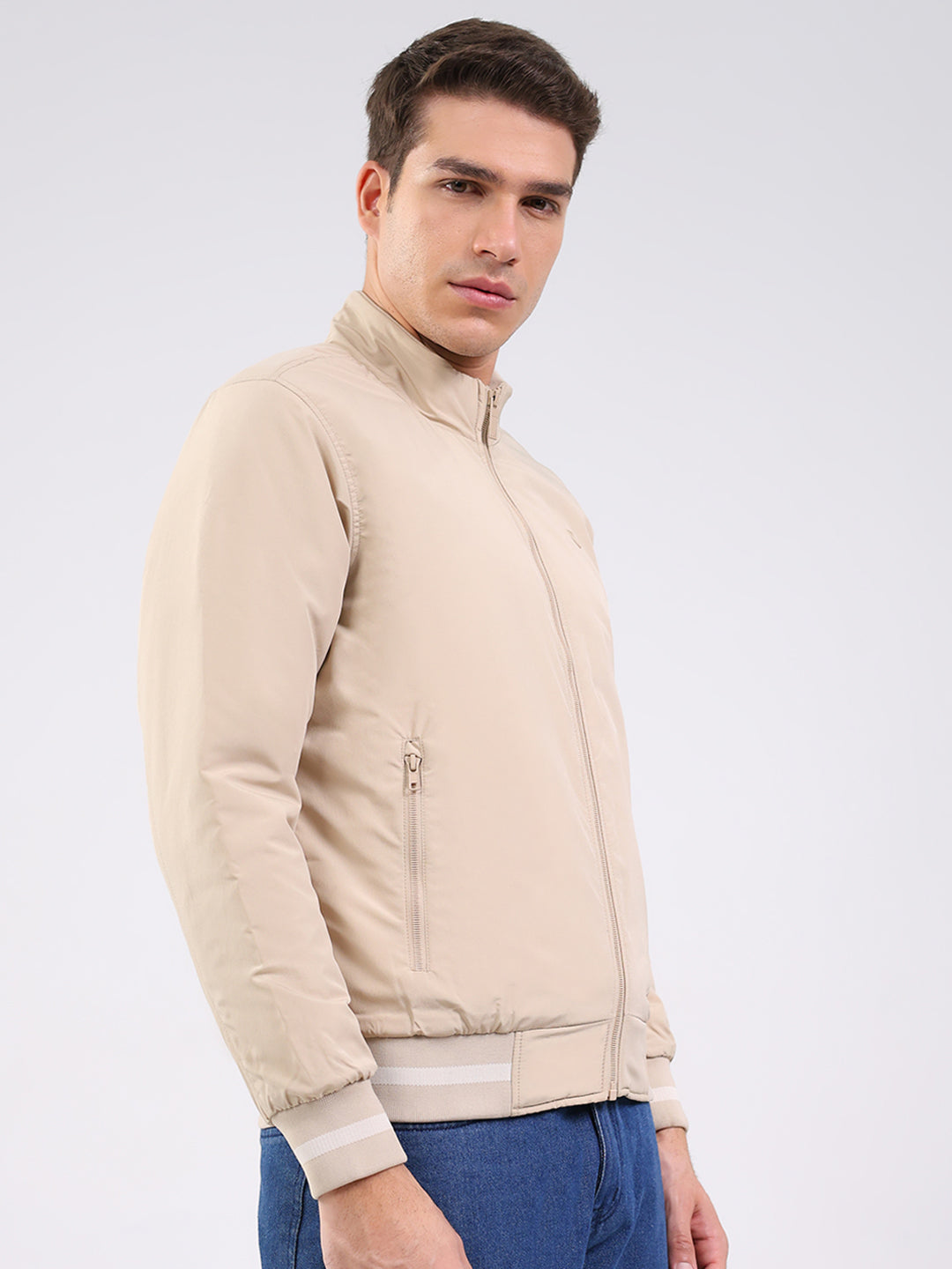 Men Beige Solid Mock Neck Full Sleeve Jacket