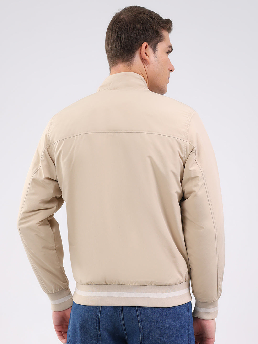 Men Beige Solid Mock Neck Full Sleeve Jacket
