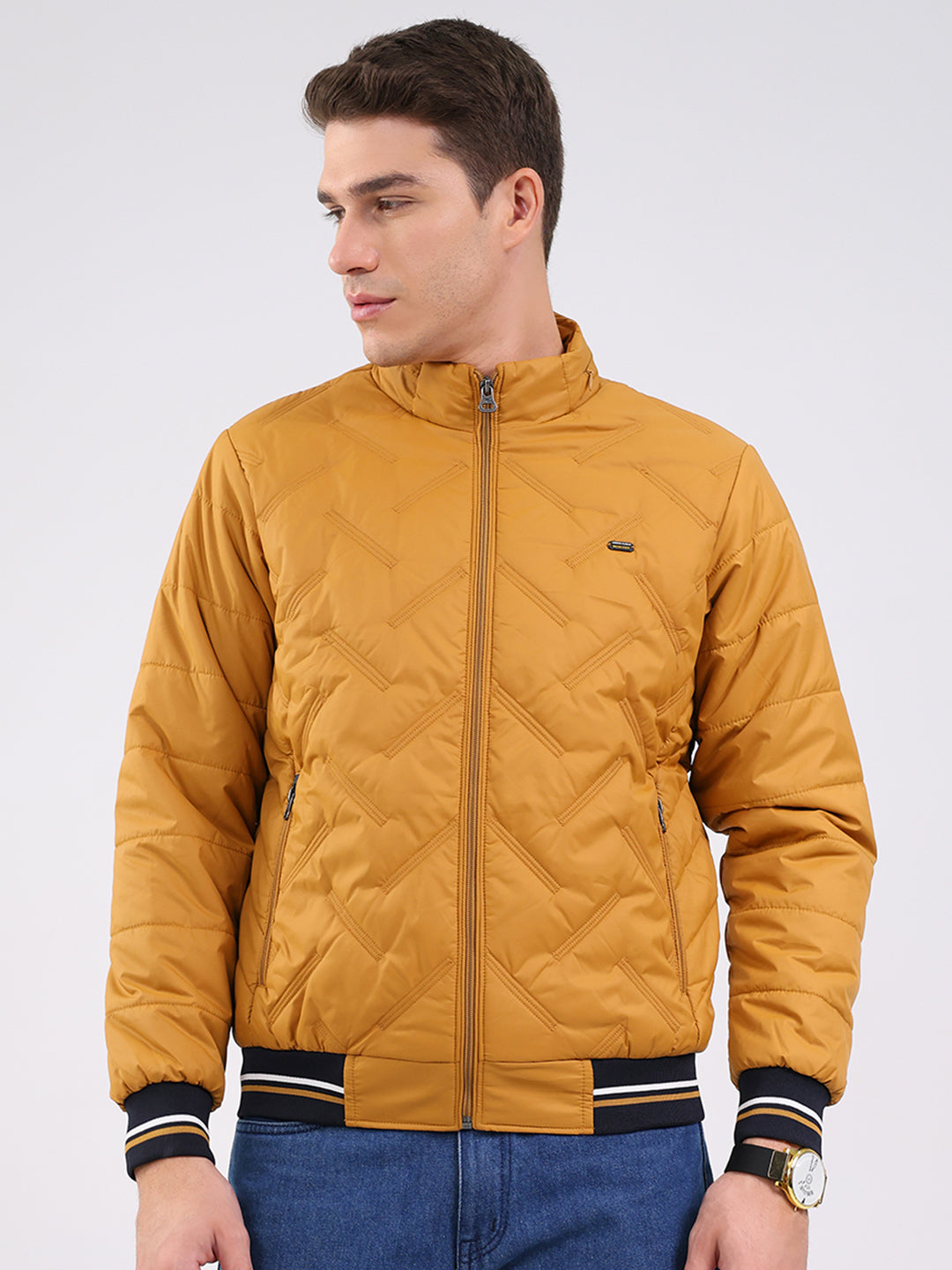 Men Mustard Solid Mock Neck Full Sleeve Jacket