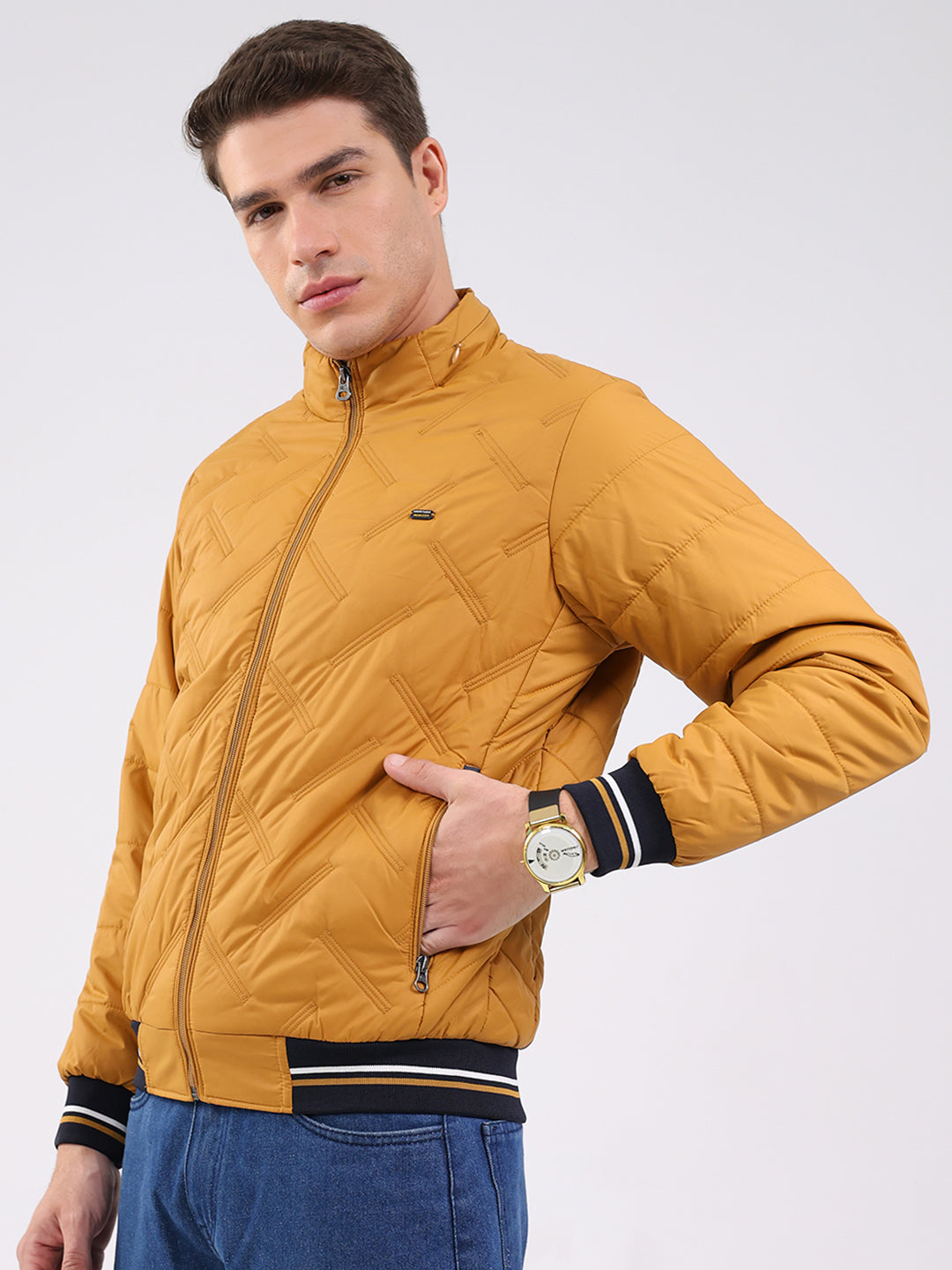 Men Mustard Solid Mock Neck Full Sleeve Jacket