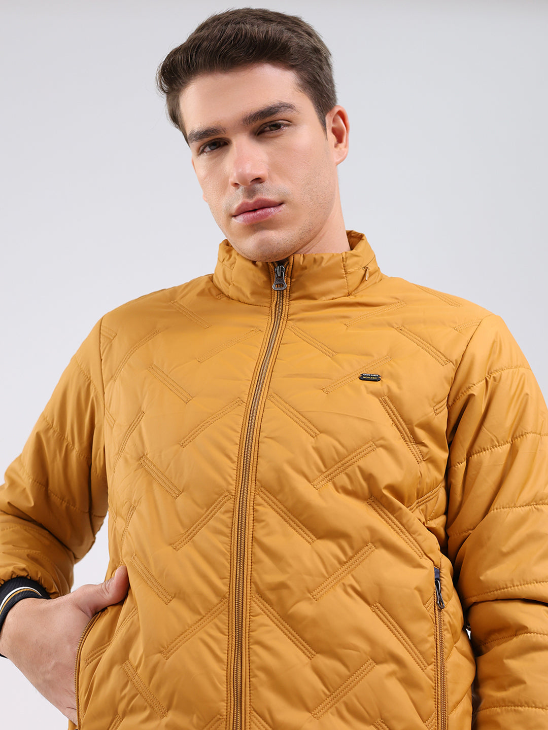 Men Mustard Solid Mock Neck Full Sleeve Jacket