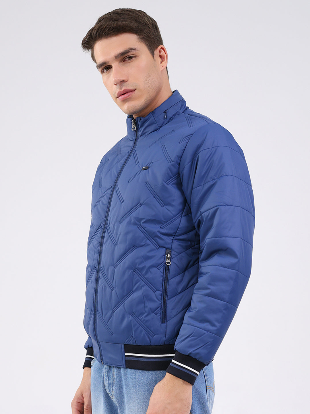 Men Blue Solid Mock Neck Full Sleeve Jacket