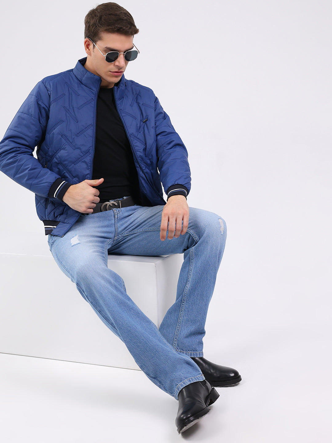 Men Blue Solid Mock Neck Full Sleeve Jacket