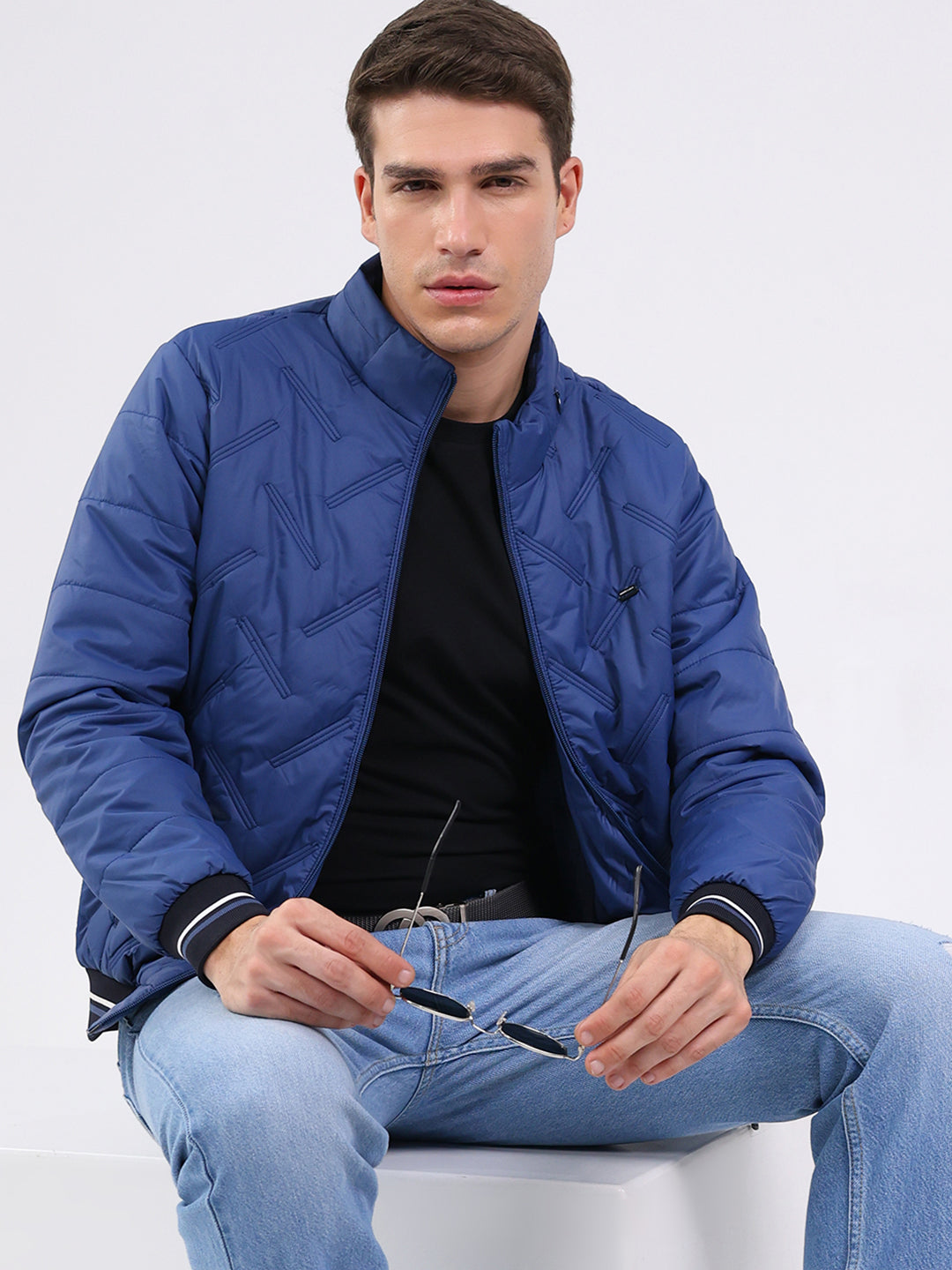 Men Blue Solid Mock Neck Full Sleeve Jacket
