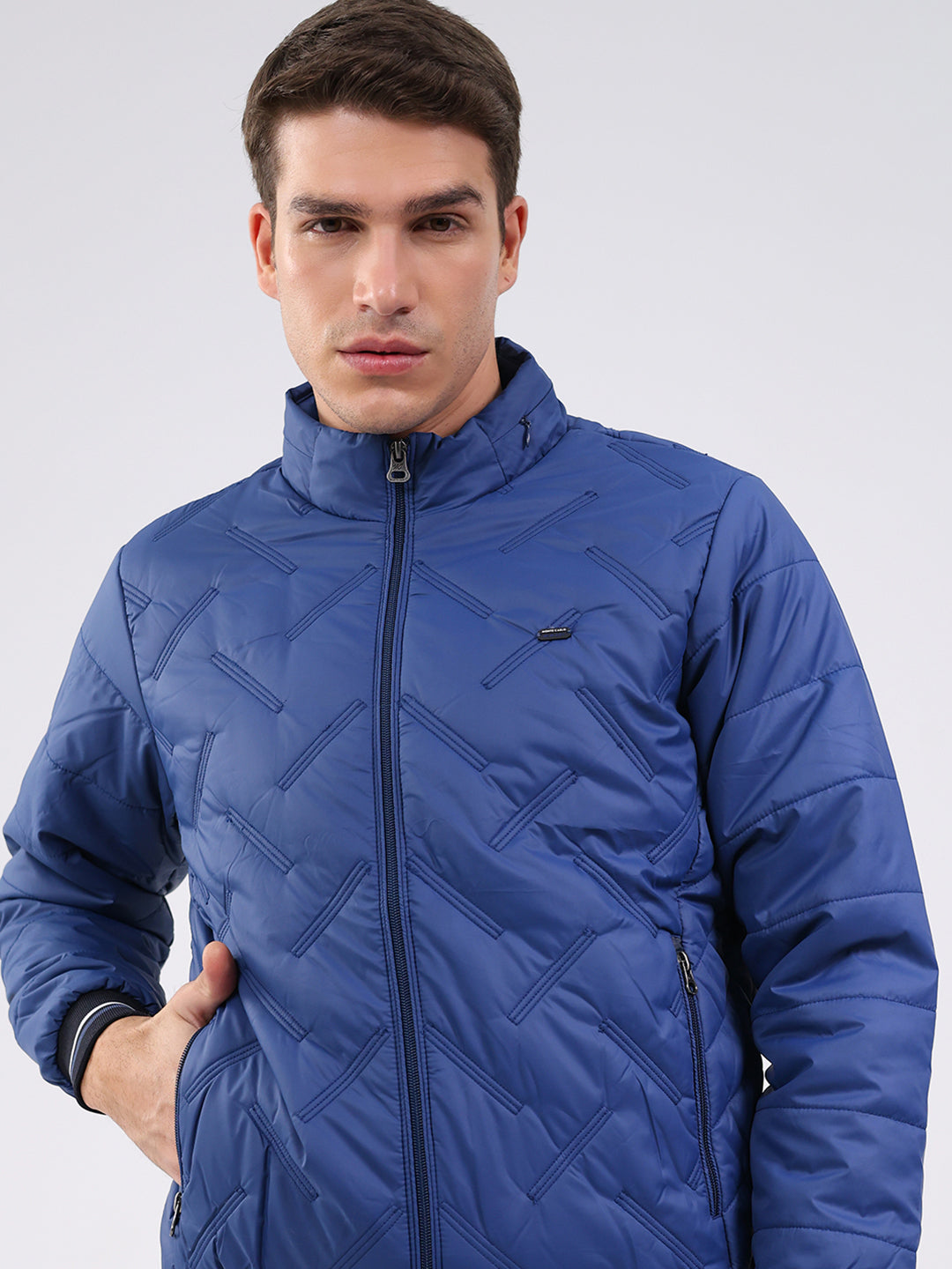 Men Blue Solid Mock Neck Full Sleeve Jacket