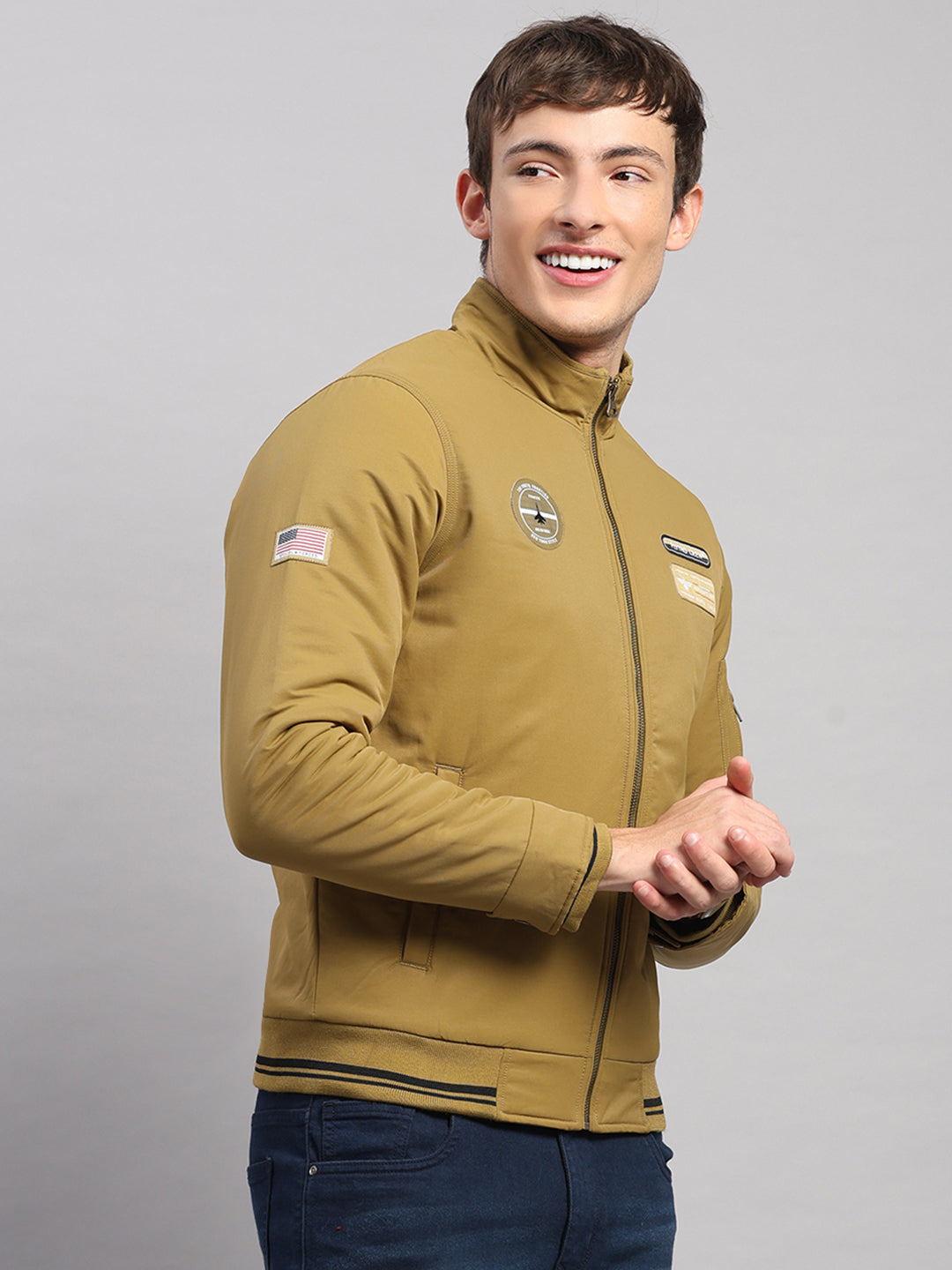 Men Mustard Solid Collar Full Sleeve Jacket