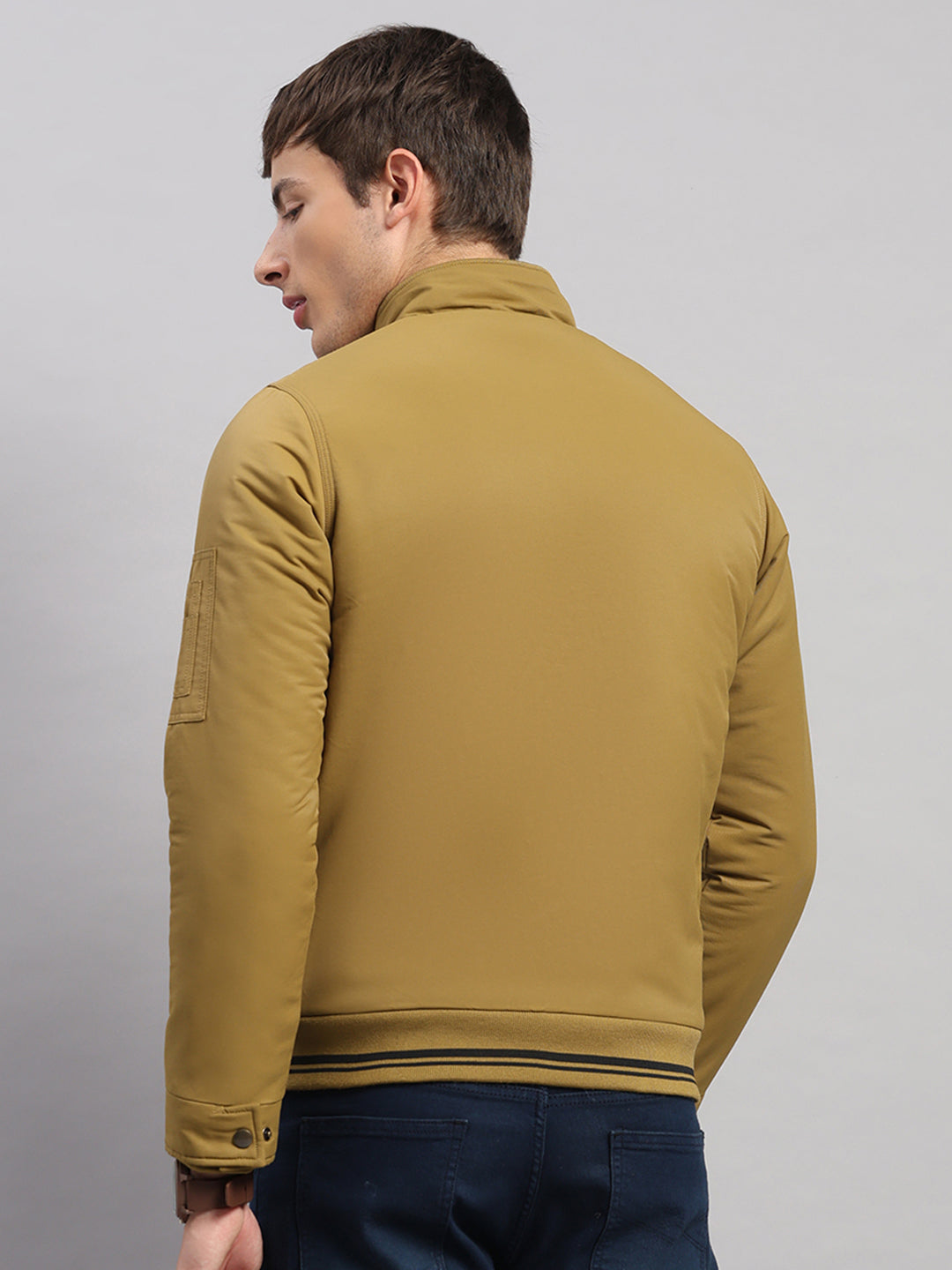 Men Mustard Solid Collar Full Sleeve Jacket