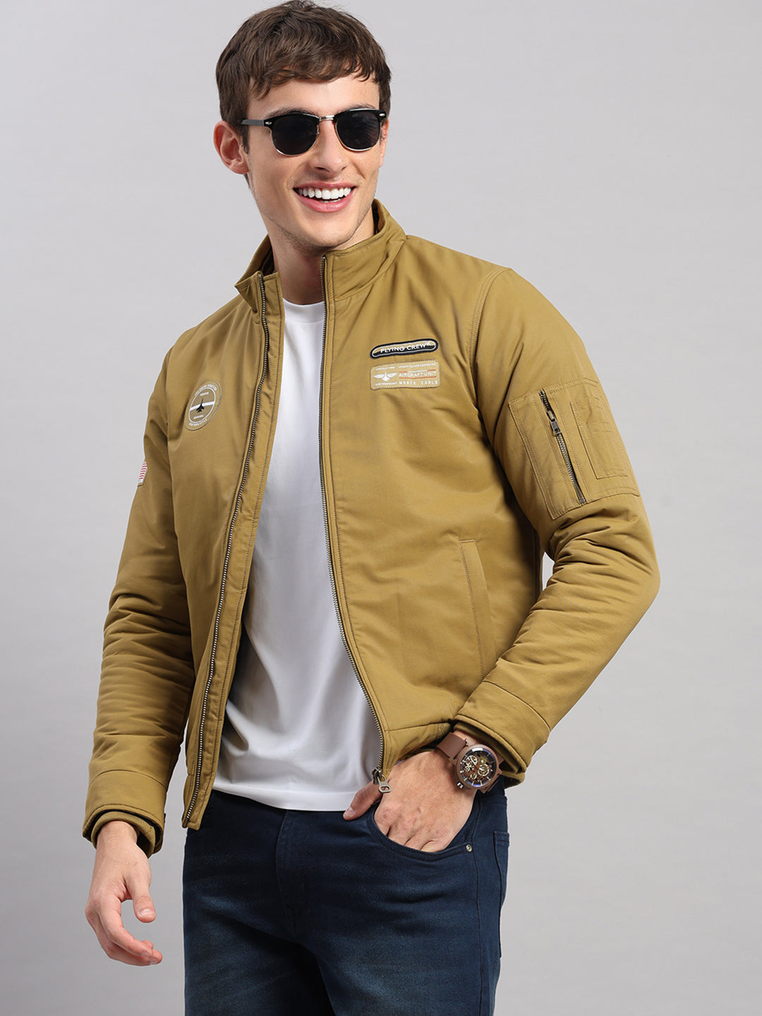 Men Mustard Solid Collar Full Sleeve Jacket