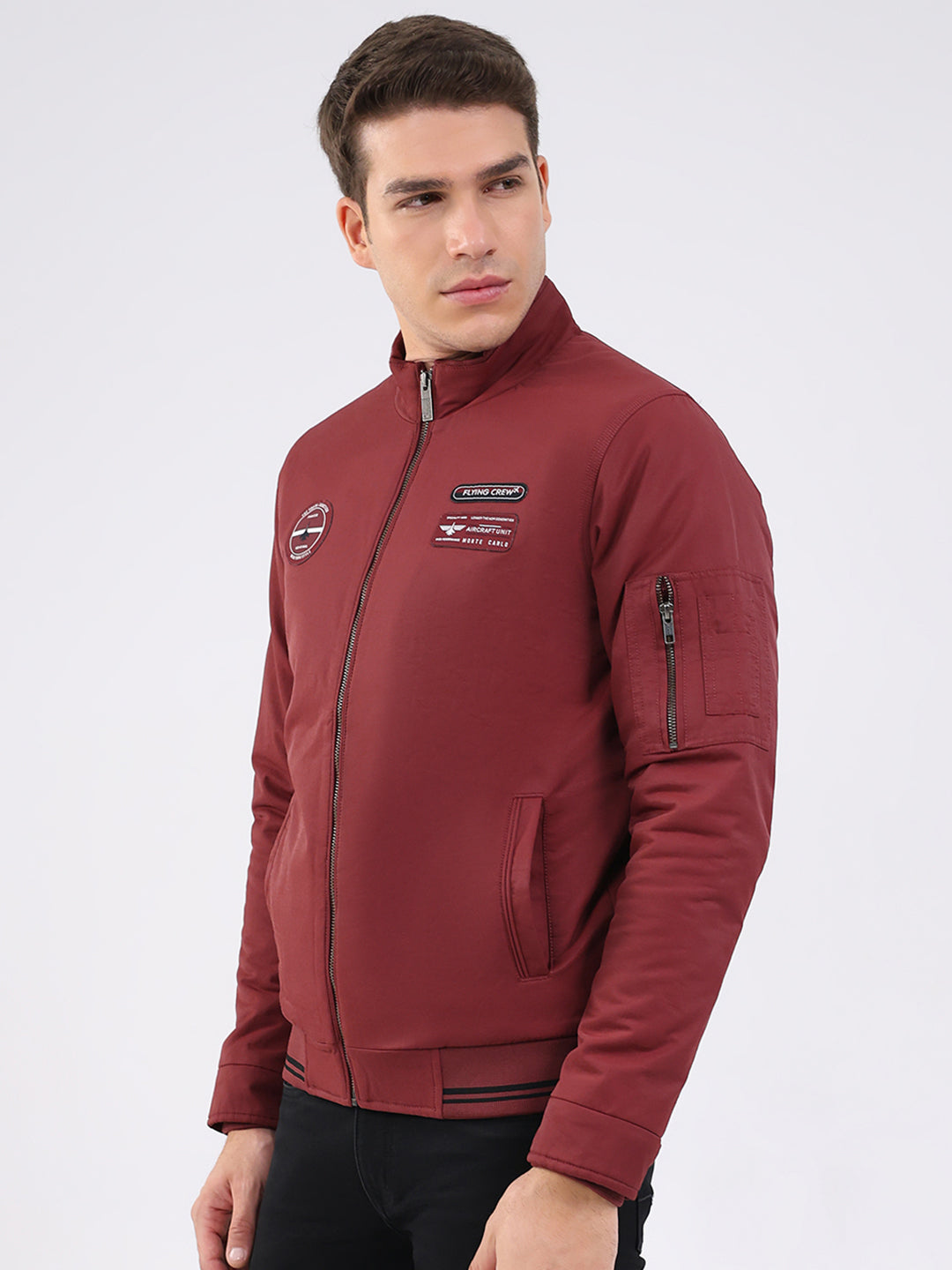 Men Maroon Solid Mock Neck Full Sleeve Jacket