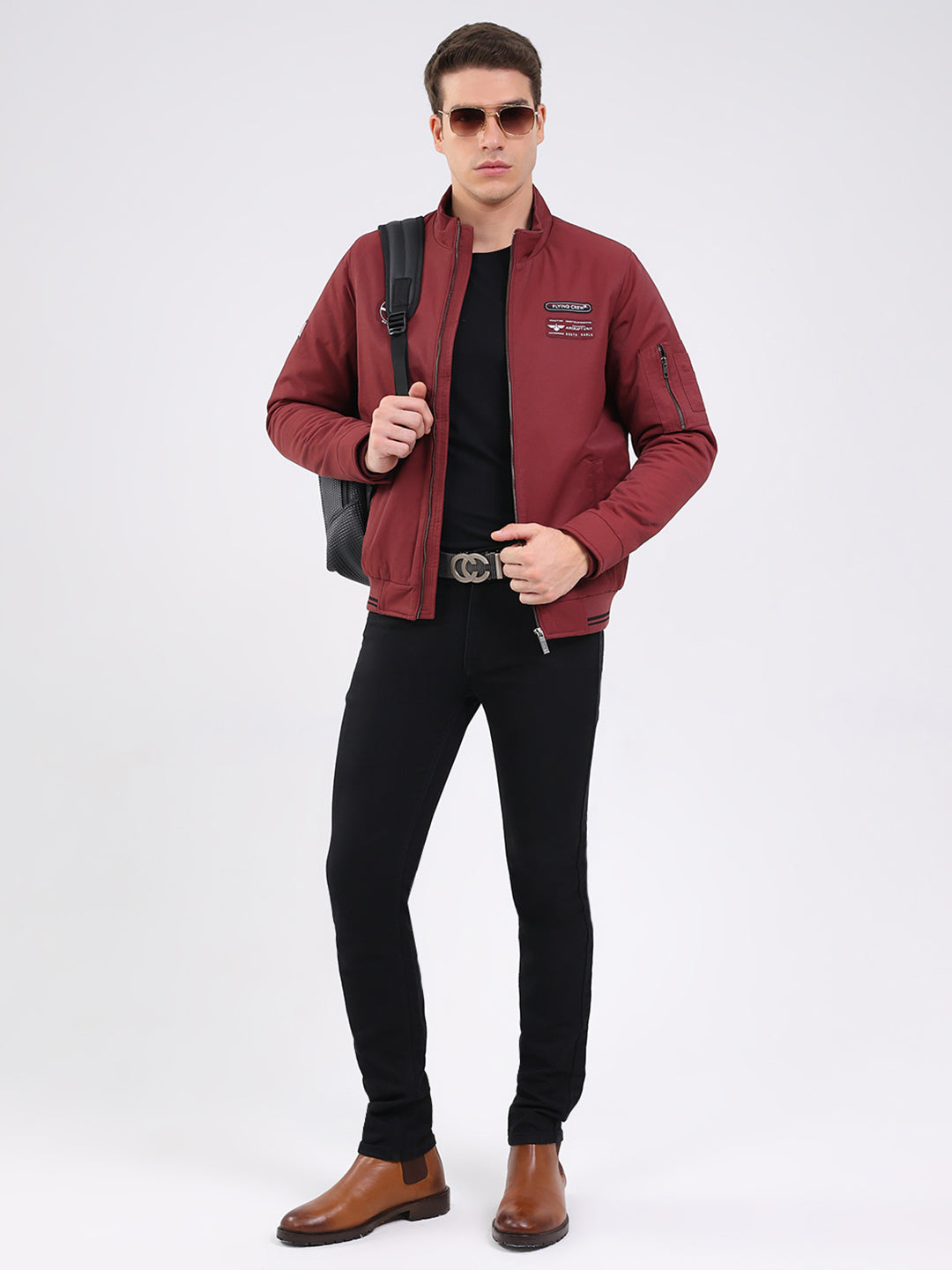 Men Maroon Solid Mock Neck Full Sleeve Jacket