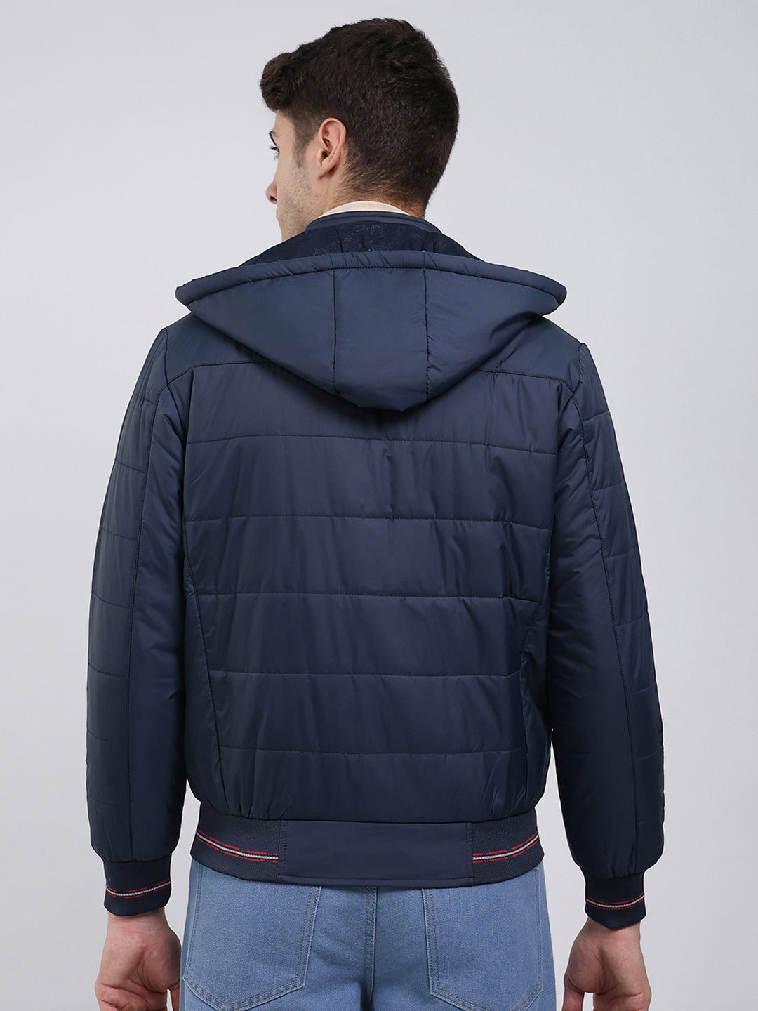 Men Navy Blue Solid Hooded Full Sleeve Jacket