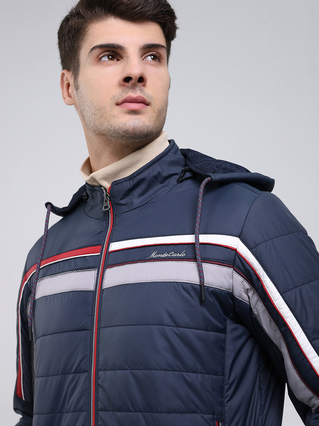 Men Navy Blue Solid Hooded Full Sleeve Jacket