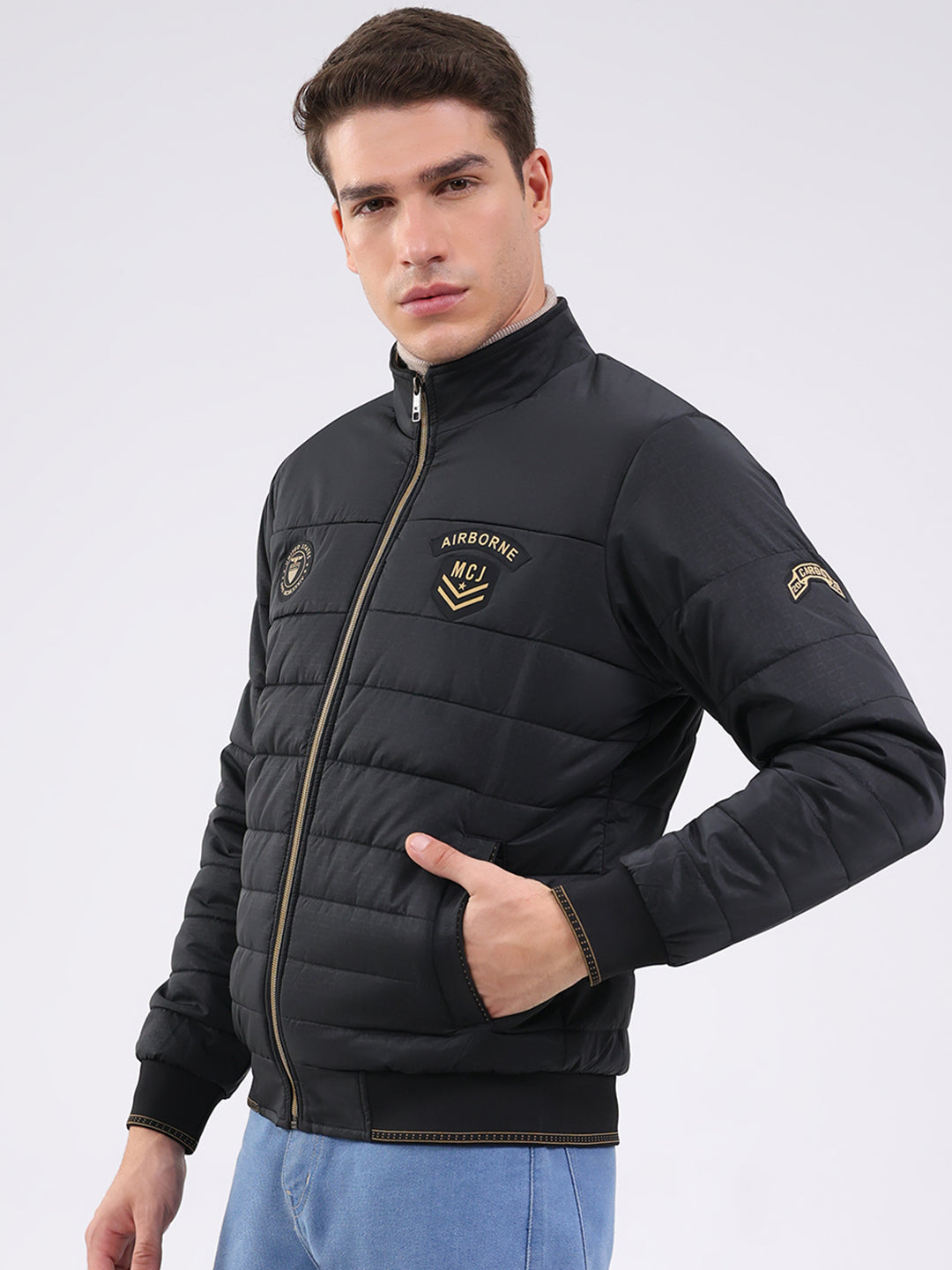 Men Black Solid Mock Neck Full Sleeve Jacket