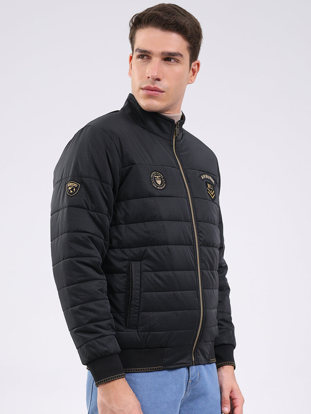 Men Black Solid Mock Neck Full Sleeve Jacket