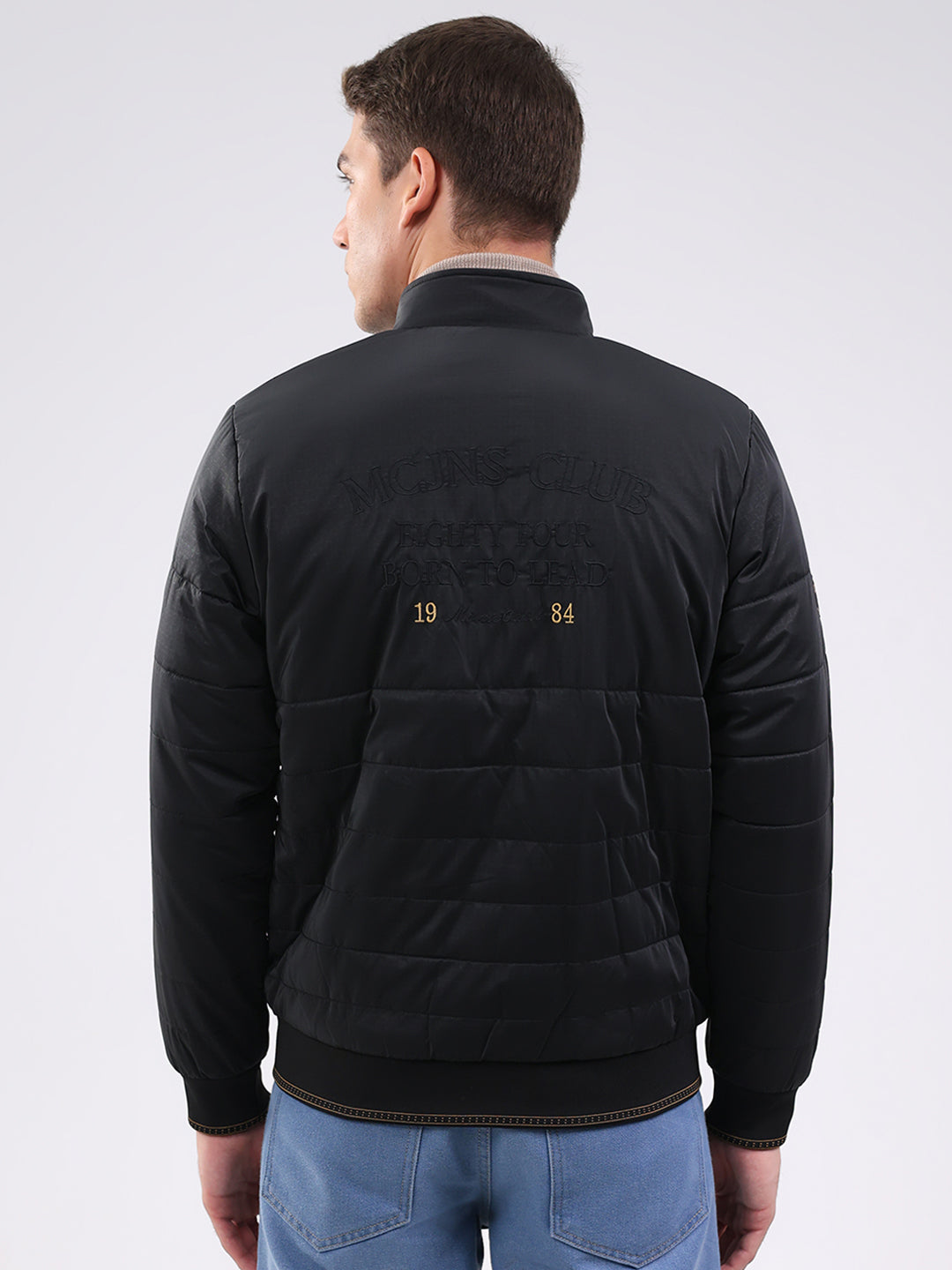 Men Black Solid Mock Neck Full Sleeve Jacket