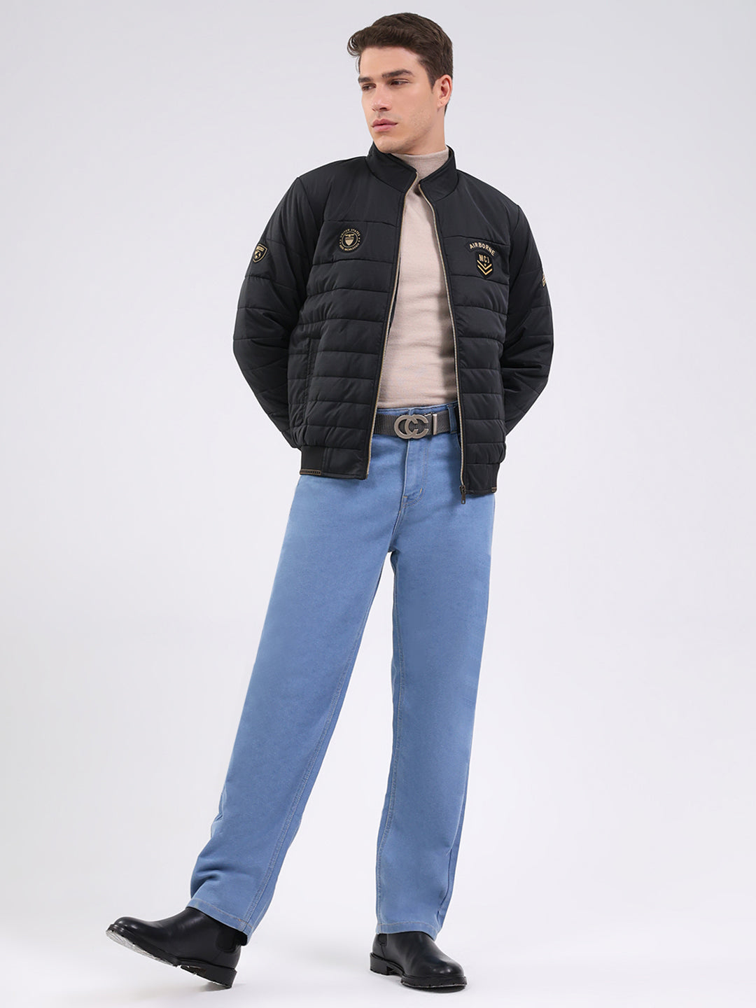 Men Black Solid Mock Neck Full Sleeve Jacket