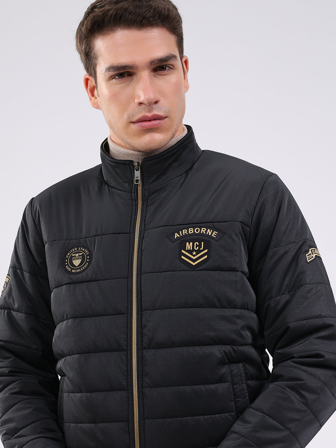 Men Black Solid Mock Neck Full Sleeve Jacket