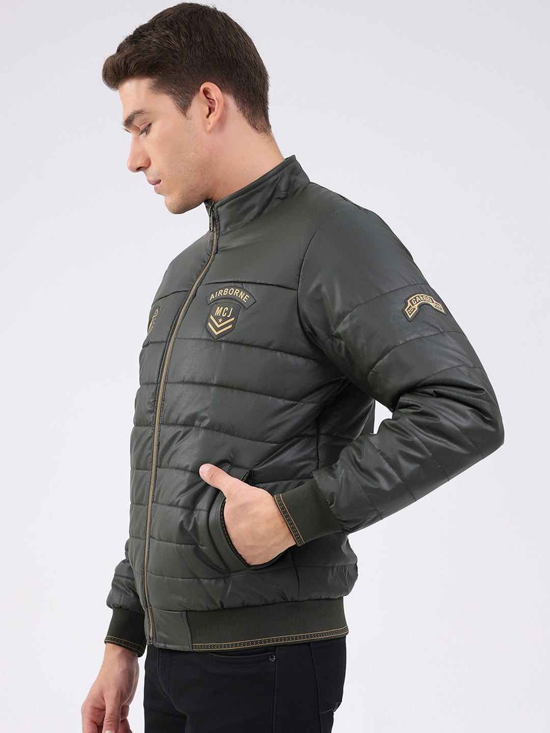 Men Olive Solid Mock Neck Full Sleeve Jacket