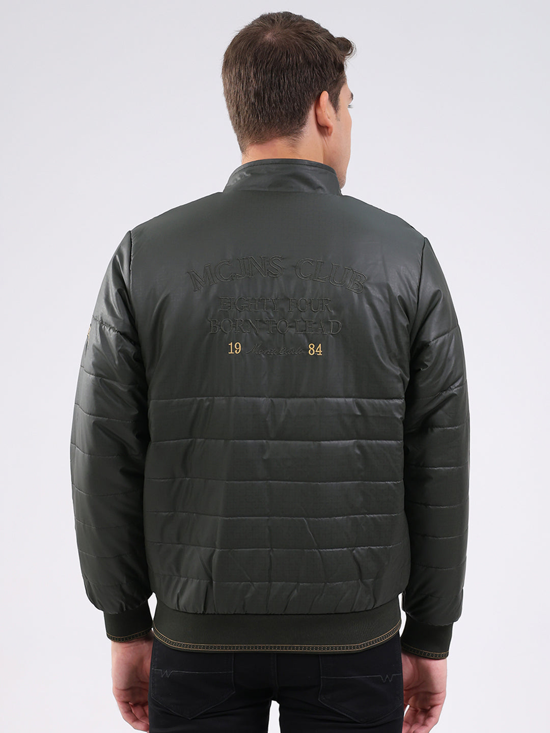 Men Olive Solid Mock Neck Full Sleeve Jacket