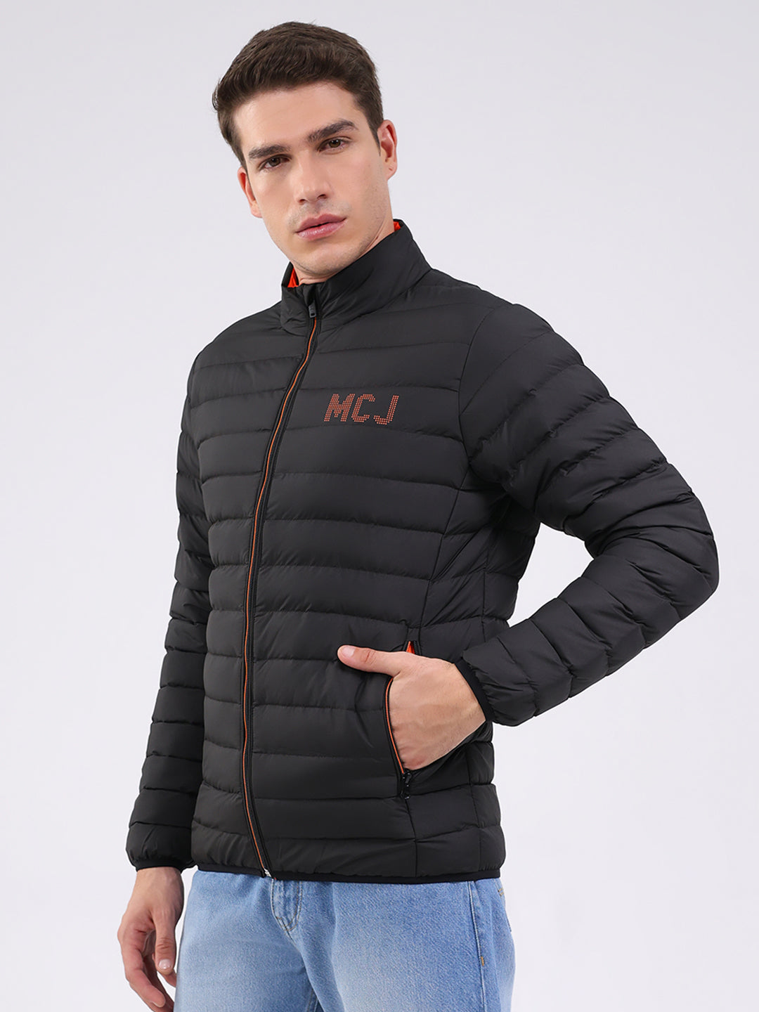 Men Black Solid Mock Neck Full Sleeve Jacket