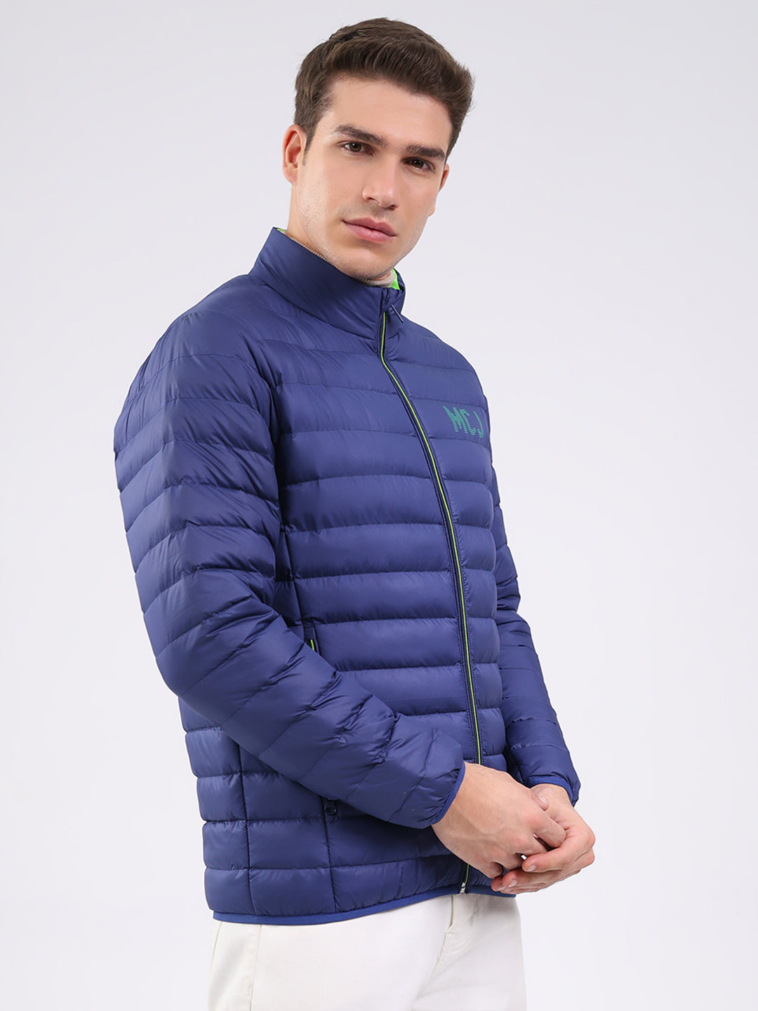 Men Blue Solid Mock Neck Full Sleeve Jacket