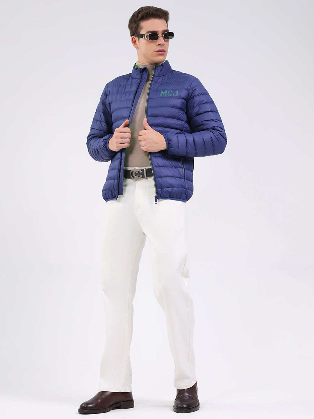 Men Blue Solid Mock Neck Full Sleeve Jacket