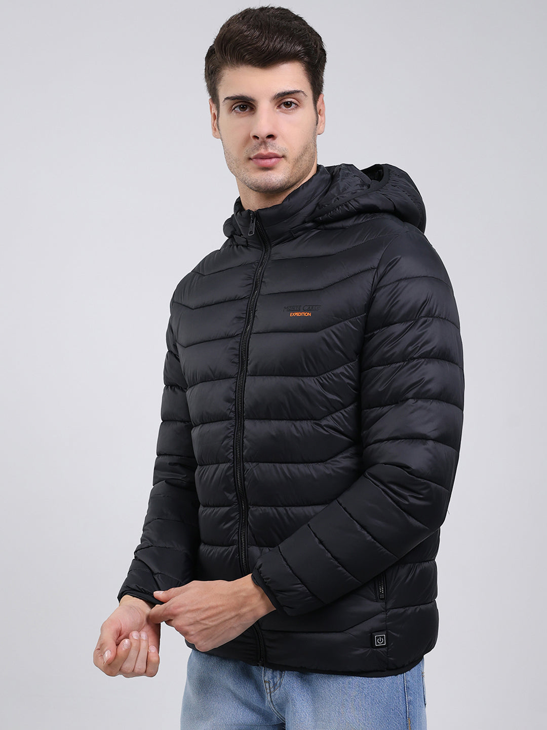 Men Black Solid Hooded Full Sleeve Heating Jacket