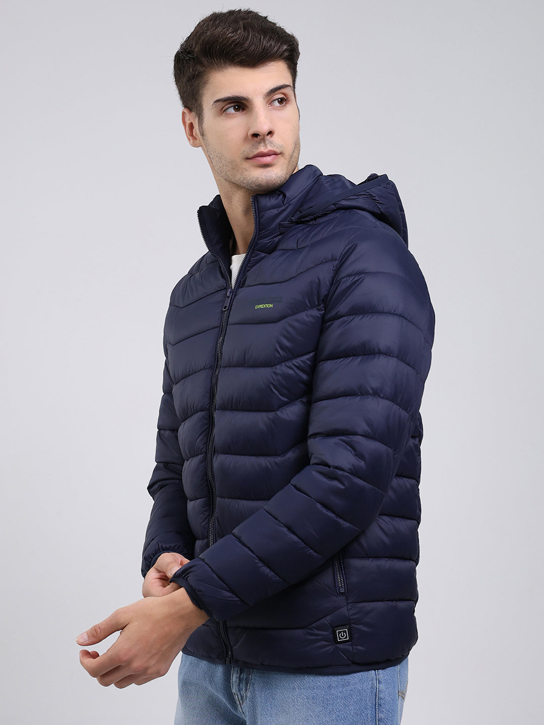 Men Navy Blue Solid Hooded Full Sleeve Heating Jacket