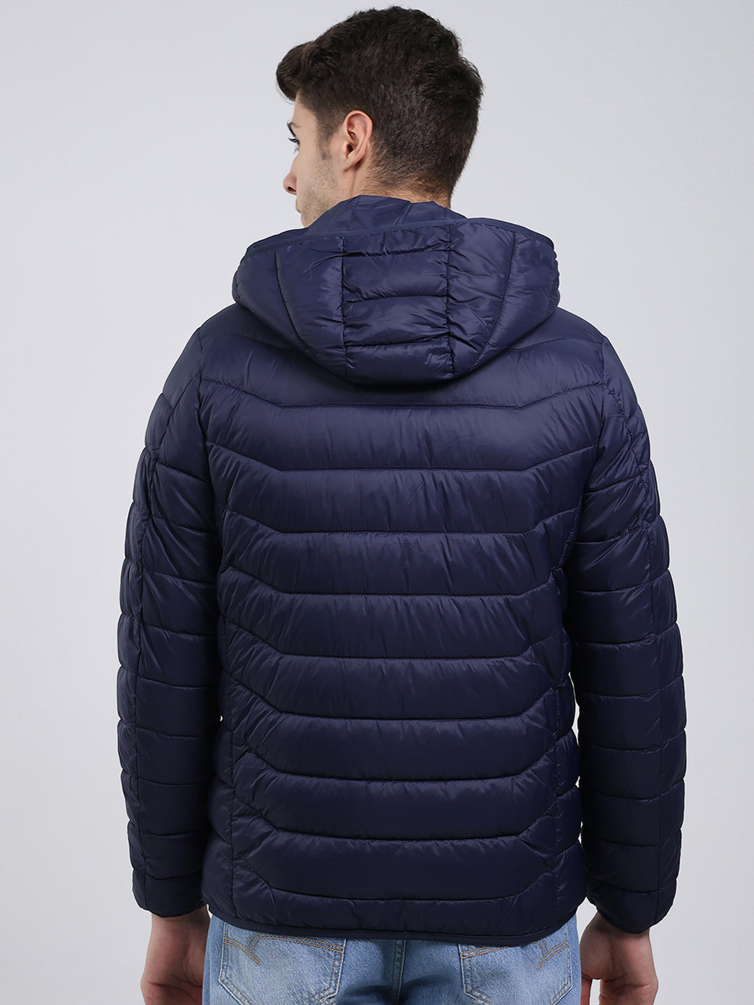 Men Navy Blue Solid Hooded Full Sleeve Heating Jacket