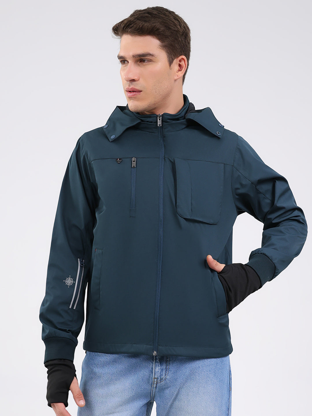 Men Teal Blue Solid Hooded Full Sleeve Jacket